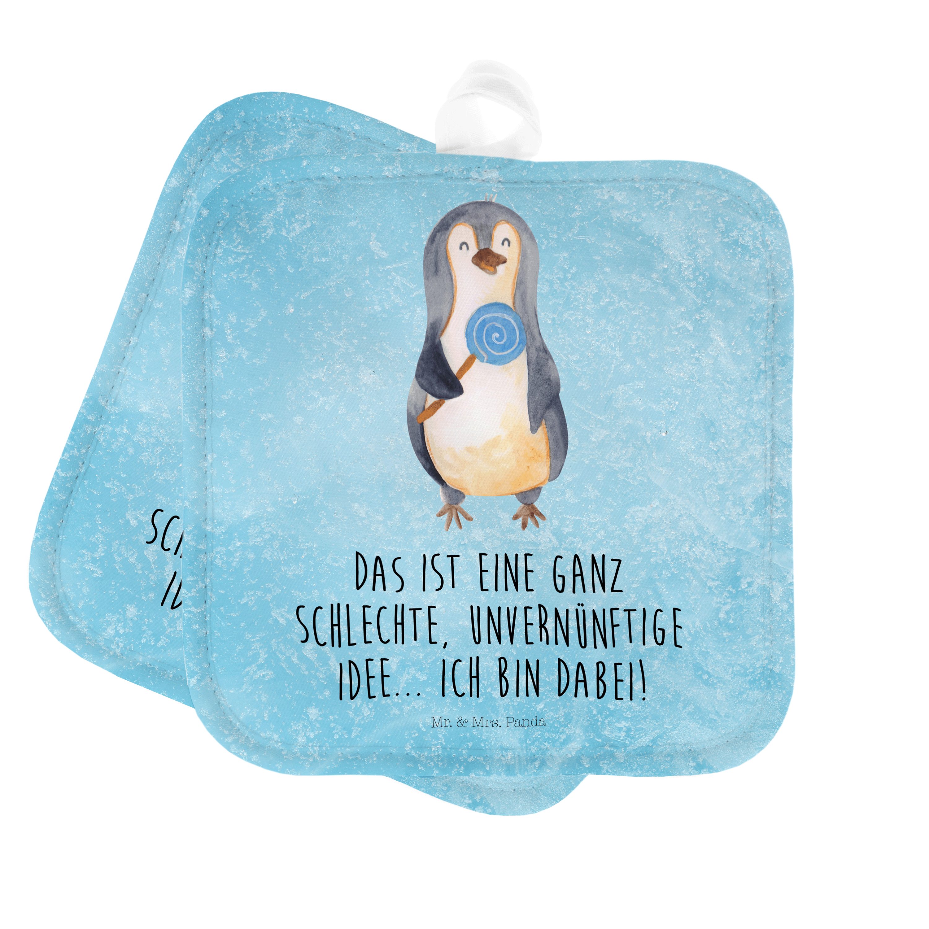 Mr. & Mrs. Panda Topflappen Pinguin Lolli - Eisblau - Geschenk, Topflappen lustig, Ofenhandschuh, (1-tlg)
