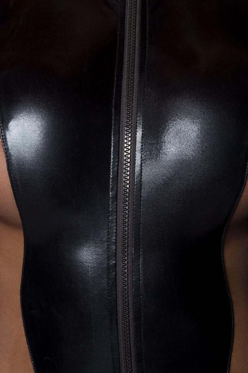 Saresia Overall Schwarzer erotischer Damen Dessous Gogo-Overall aus wetlook Material u