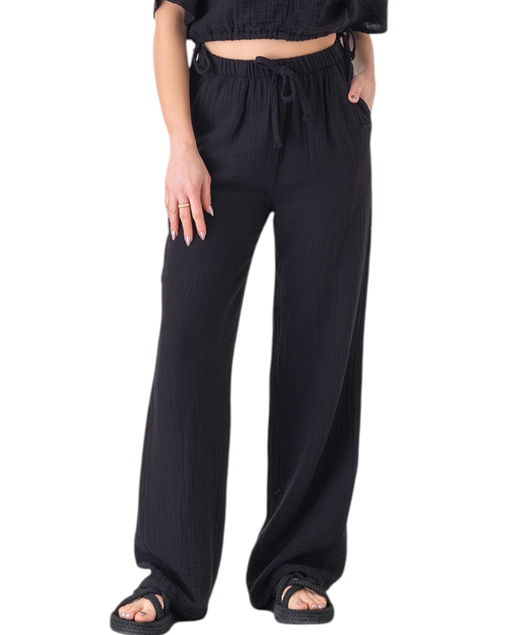 Palazzohose Damen Musselin-Hose - Sommerhose 100 % Baumwolle, elastischer Bund