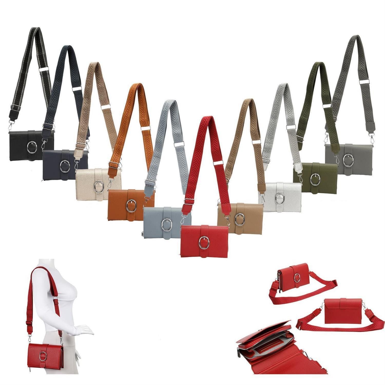 ITALYSHOP24 Schultertasche Damen CROSS OVER BODY Brusttasche Umhängetasche Clutch mit Geldbörse (kleine Gürtel-Tasche, 3 getrennte Fächer, breites Gurt, Kartenetui), Bodybag Geldtasche Muster Taschengurt, Handyfach, Leder Optik, leicht
