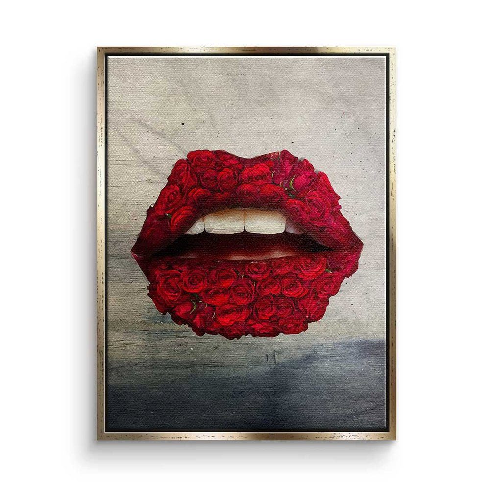 DOTCOMCANVAS® Leinwandbild, Premium Leinwandbild - Pop Art - Lippen X Rosen - modernes Wandbild goldener Rahmen