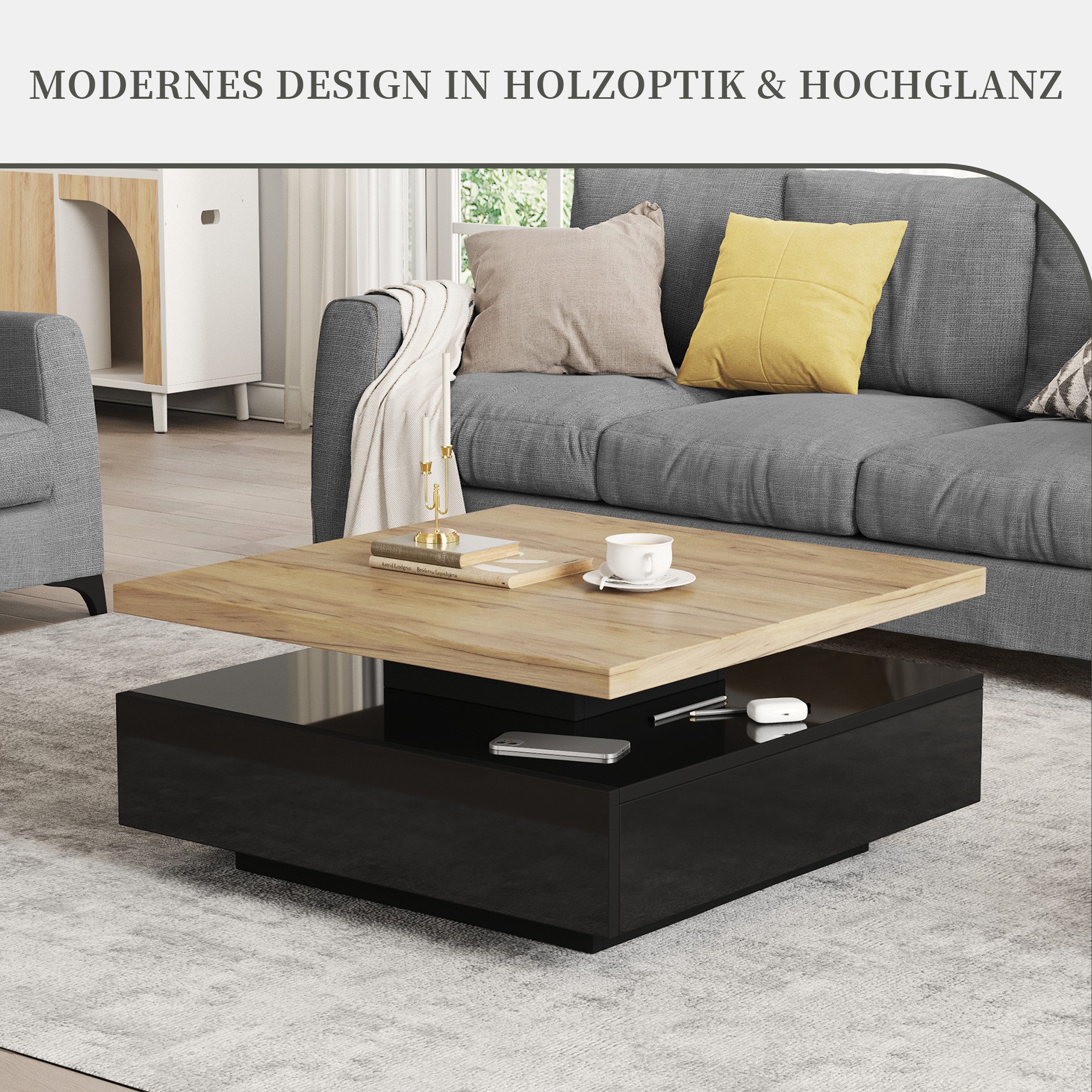 SeedWave Couchtisch Quadratischer Sofatisch mit 360° Drehbarer Ober-Tischplatte, Schublade, Hochglänzende Oberfläche an Unterseiten