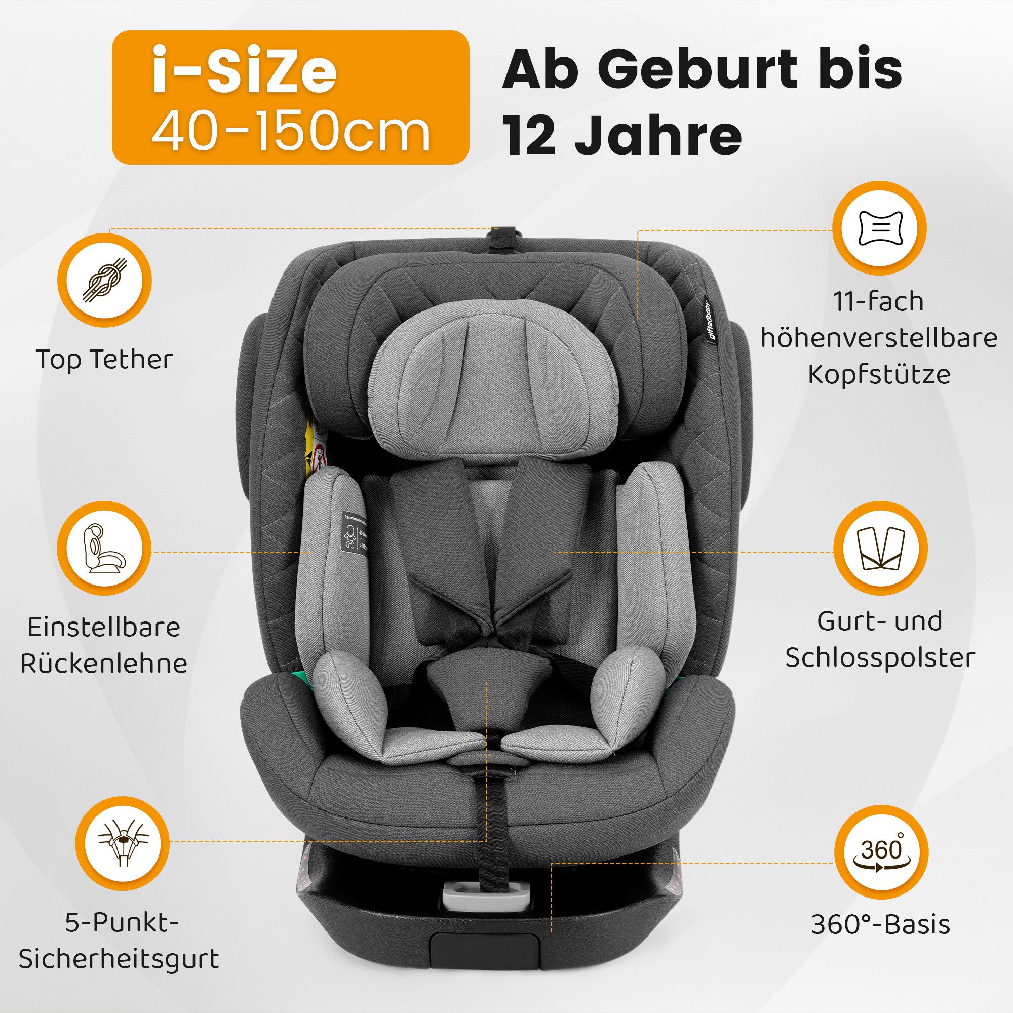 Flieks Autokindersitz, ab: ab Geburt, bis: 12 Jahre, ab: 40 cm, bis: 150 cm, 360°Drehbar i-Size Kindersitz mit ISOFIX 40-150cm (0-36kg), ECE R129