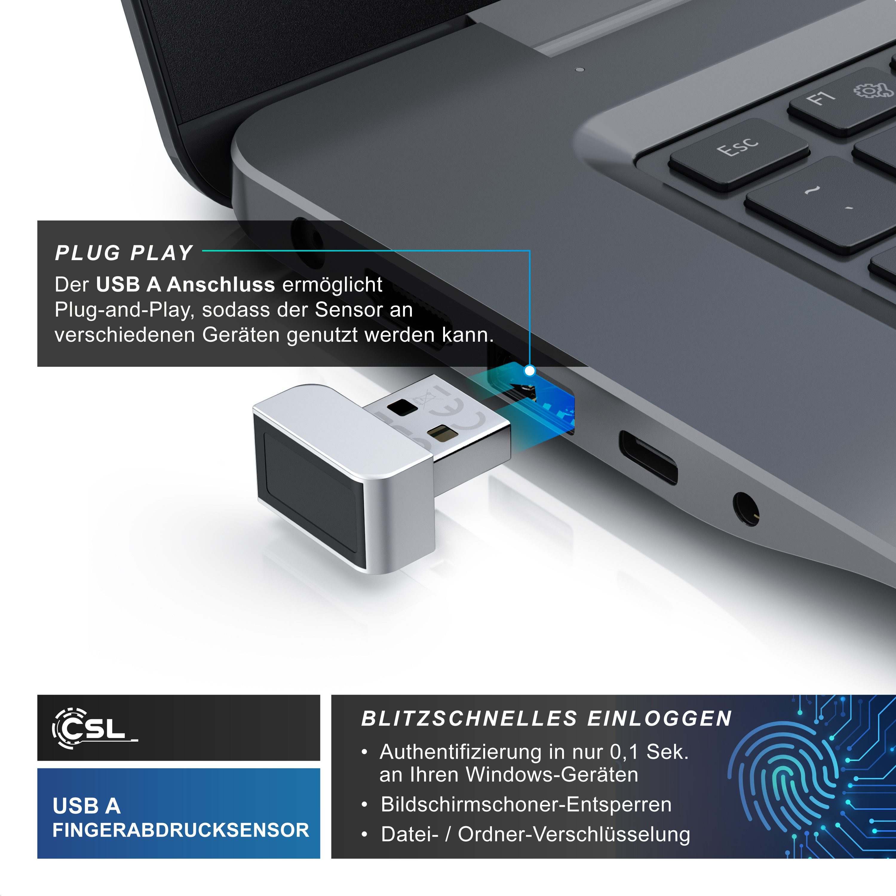 CSL Fingerabdrucksensor Fingerabdruckleser bis zu 10 IDs, biometrische Authentifizierung, (1-St), Windows 11 Hello Anmeldung, Plug & Play, 360° Rundumerkennung, USB-A