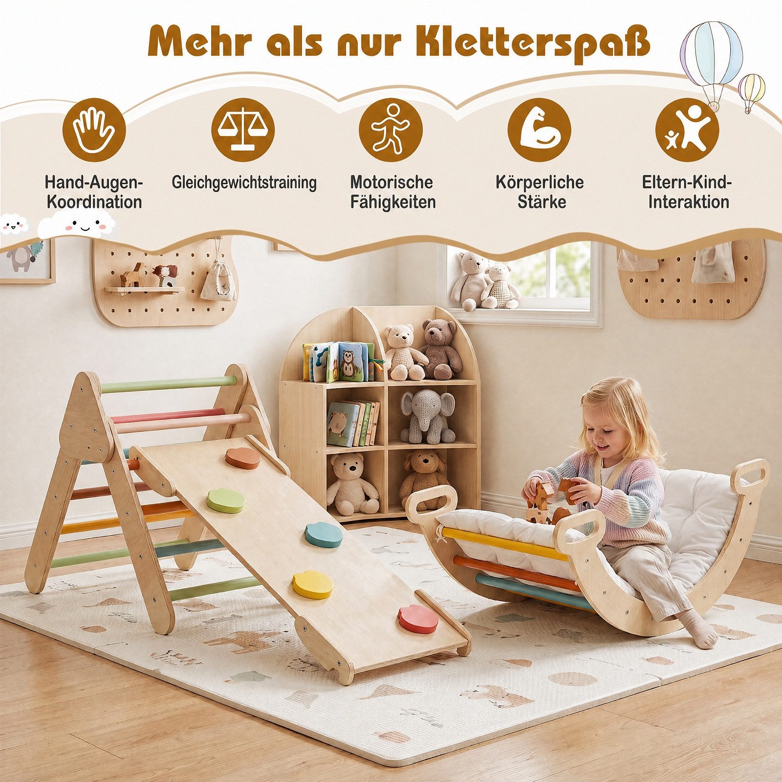 COSTWAY Klettergerüst 3 in 1 Montessori Klettersset aus Holz, Spielset für Kinder ab 1 Jahr