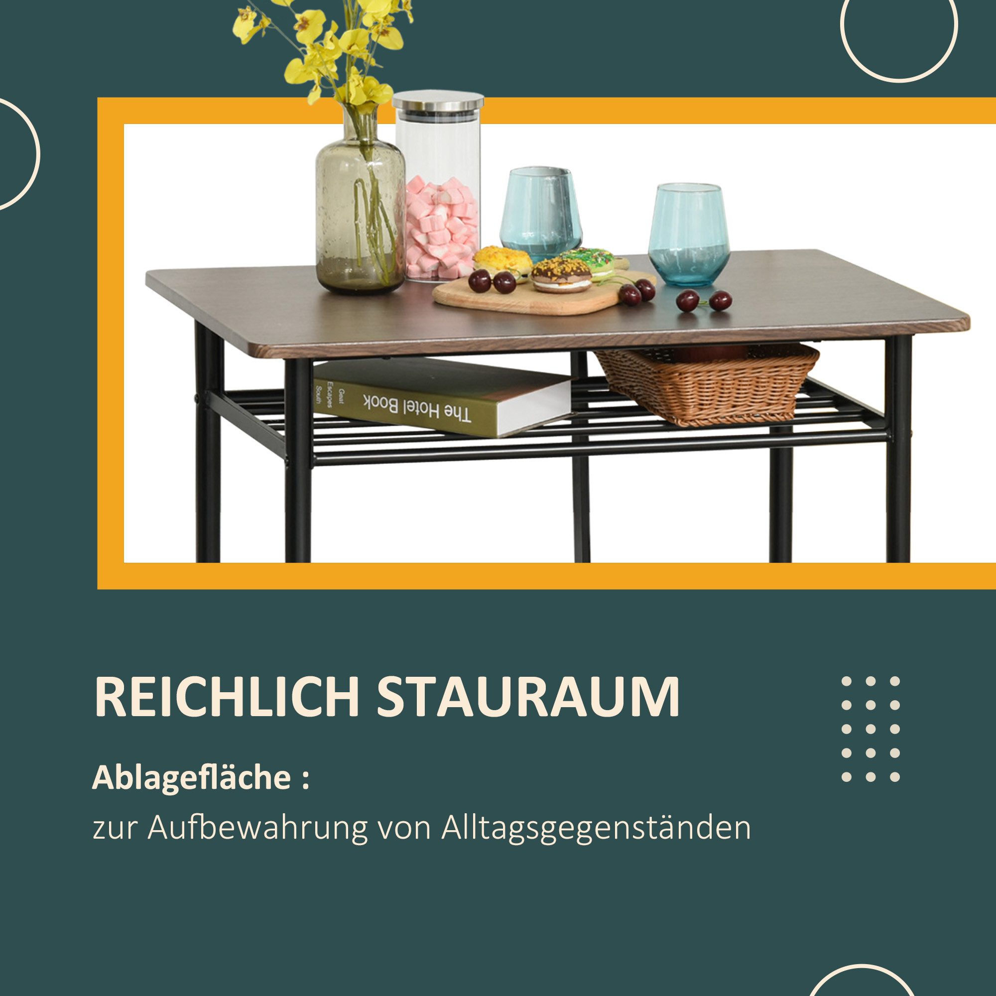 HOMCOM Bargruppe 3-teilig, mit Lagerregal, (Essgruppe, 3-tlg., Bartisch Set), Metall 80 x 50 x 90 cm Schwarz