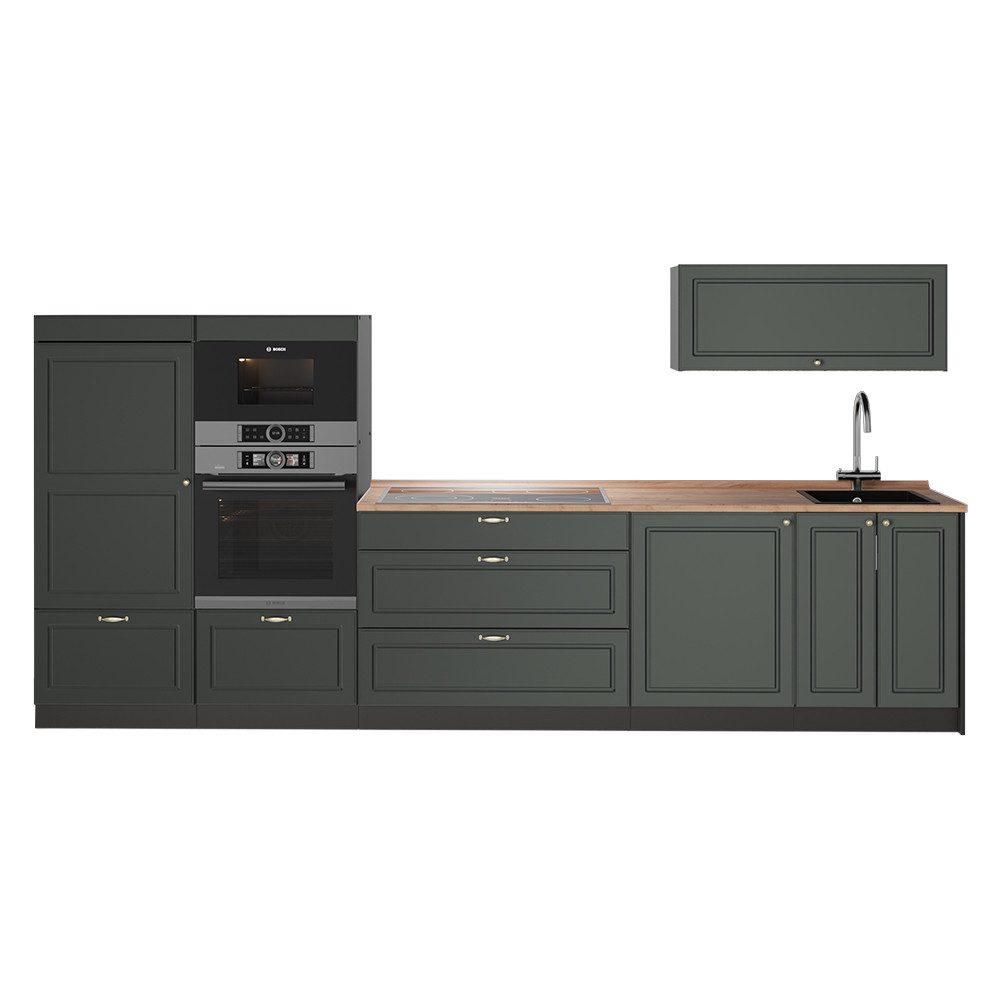 Vicco Küchenzeile Fame-Line, Grün-Gold Landhaus/Anthrazit, 340 cm, AP Eiche