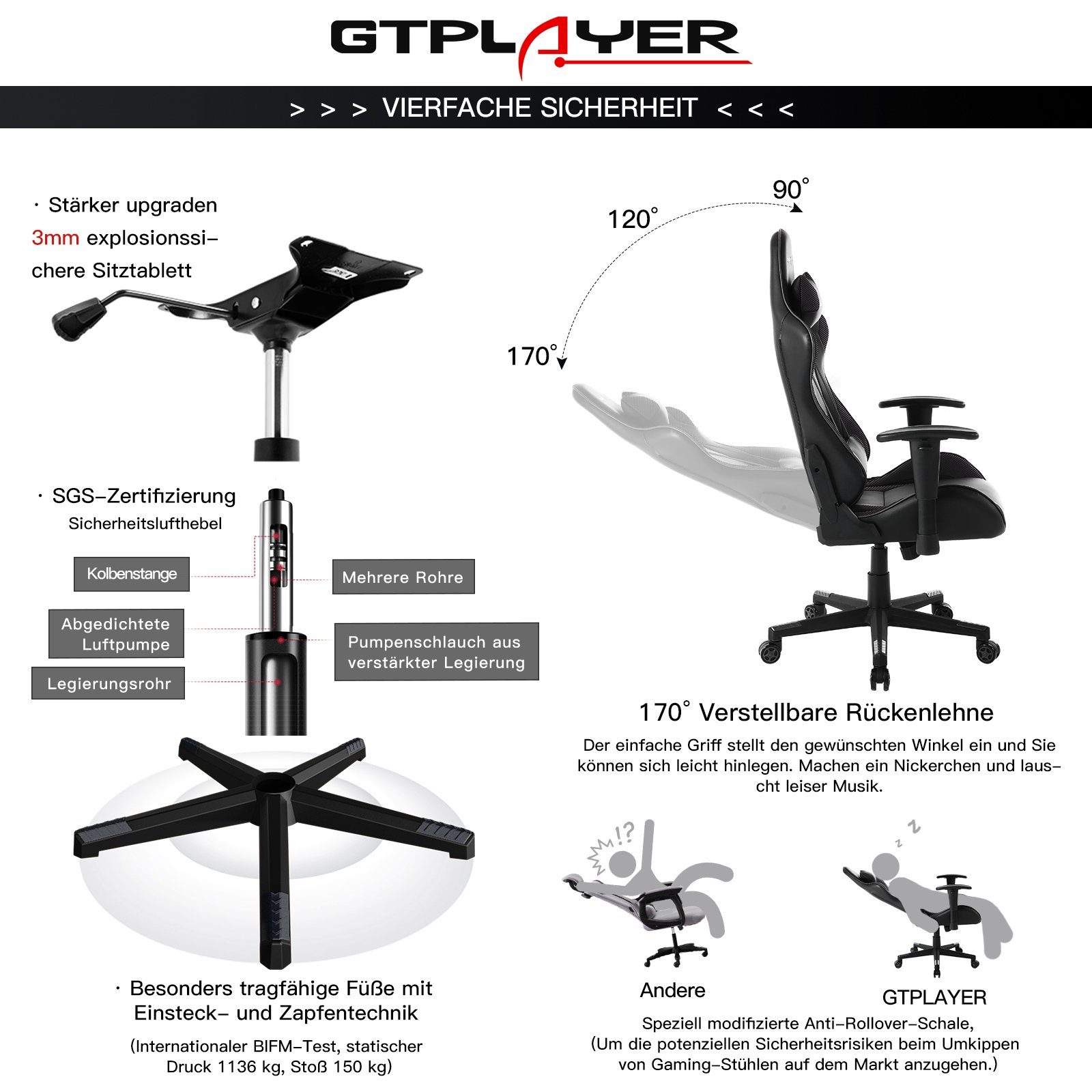 Bürostuhl inkl. Design waist Ergonomische supports GTPLAYER und Nackenkissen, Lenden- The the Gaming-Stuhl function reclining schwarz