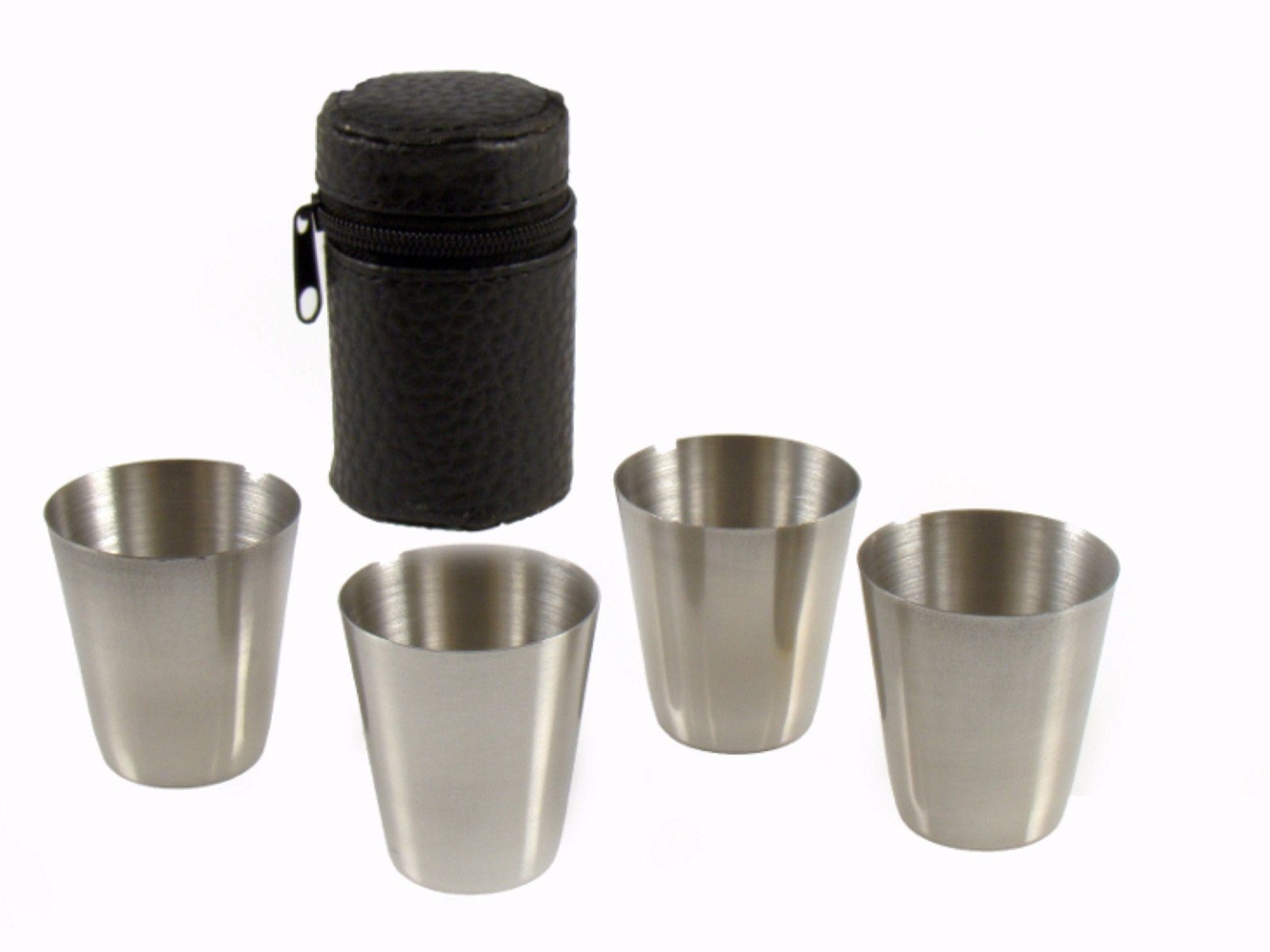 LK Trend & Style Likörbecher Schnaps Shot-Becher Stamperl für Unterwegs, Edelstahl, 4-teilig mit Ledertasche
