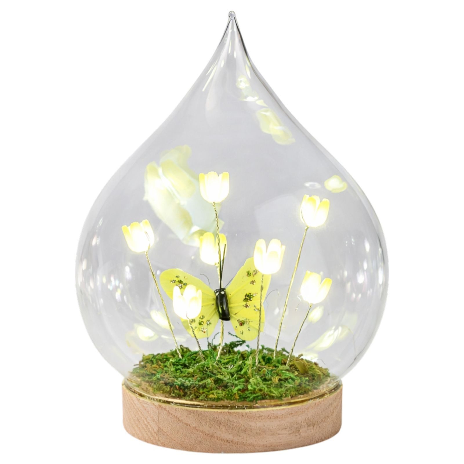 Kremers Schatzkiste LED Dekolicht LED Deko Tropfen Blumen Schmetterling Glaskugel Sockel & Timer 14 cm, LED fest integriert