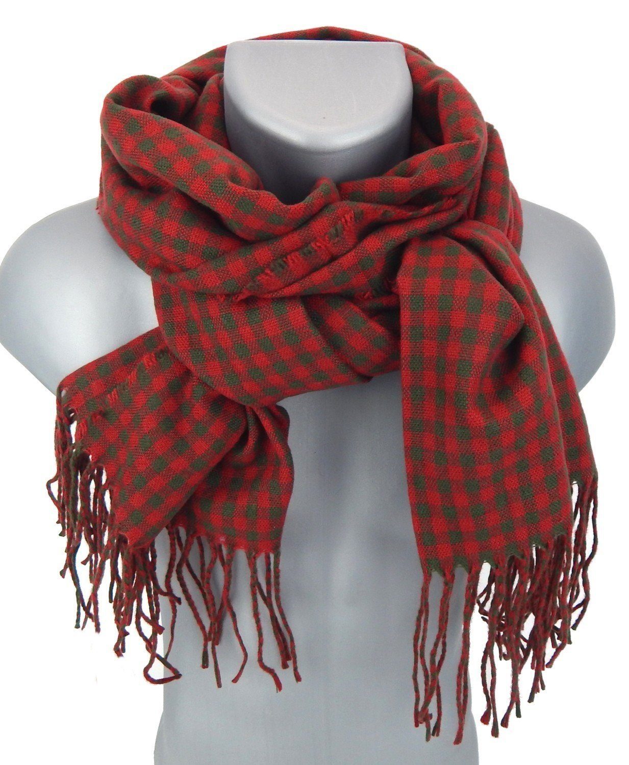 Ella Jonte Modeschal, rot khaki Karo Herbst Winterschal wärmend mit Fransen günstig online kaufen