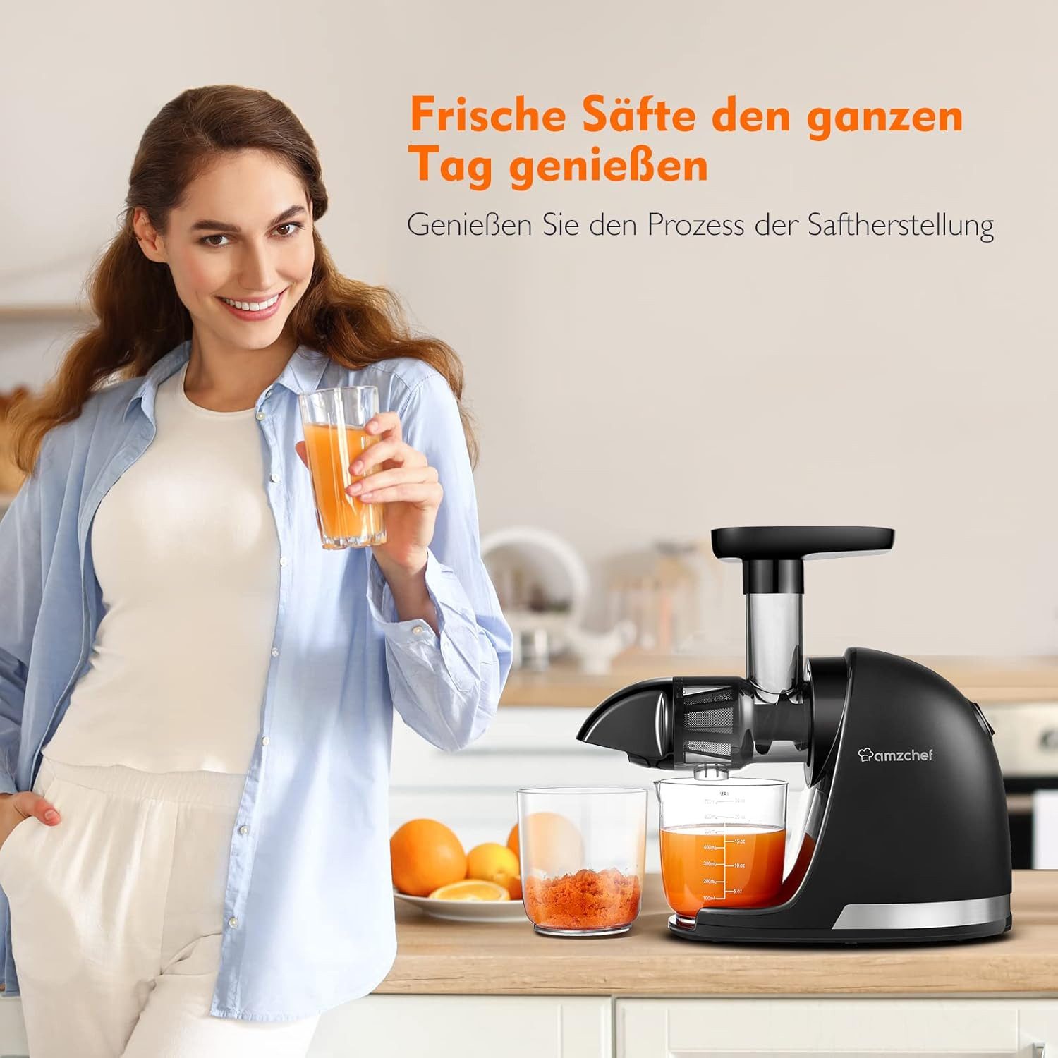 AMZCHEF Slow Juicer ZM1501, 150 W, 4-in-1, Schneckentechnologie, BPA-frei, Umkehrfunktion, leiser Betrieb