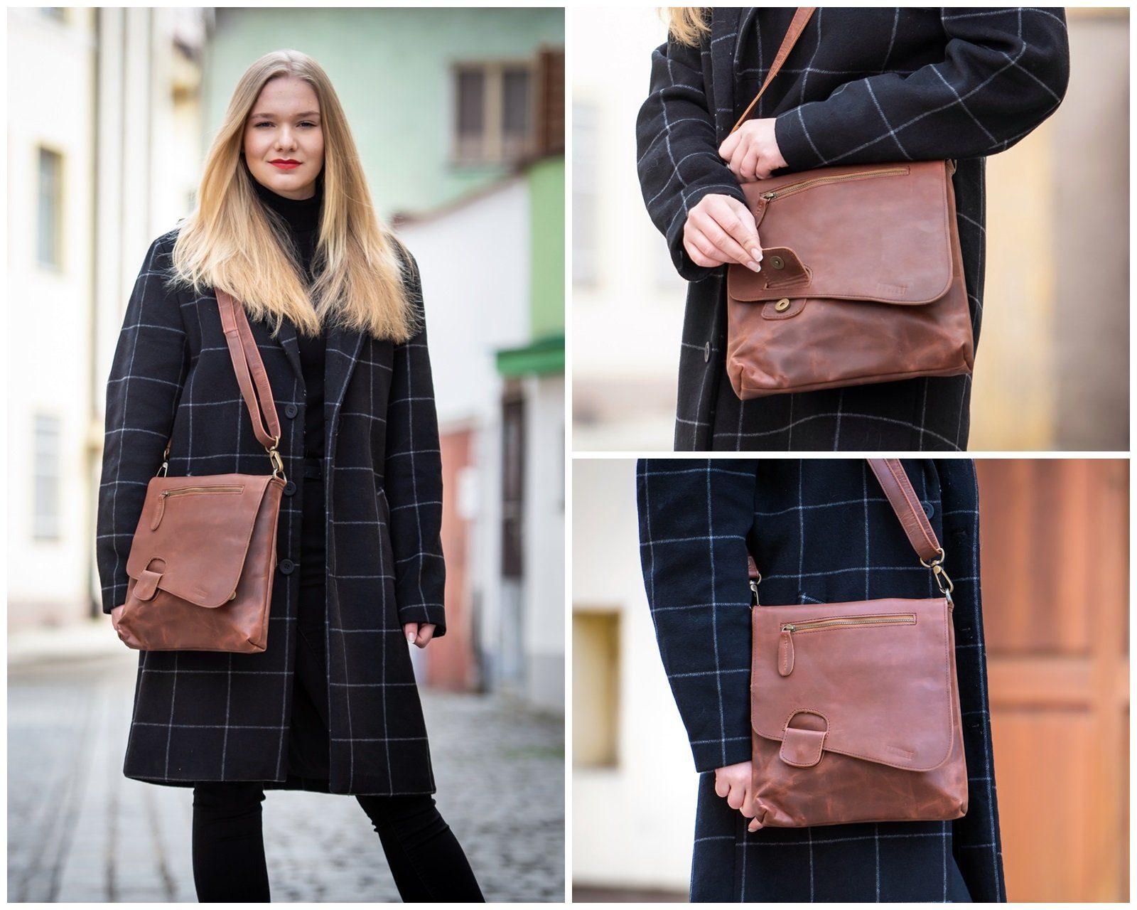 LECONI Umhängetasche Ledertasche Schultertasche Damen Handtasche echt Leder LE3027, Überschlag + Reißverschluss – viele Fächer – 29 × 29 × 6 cm