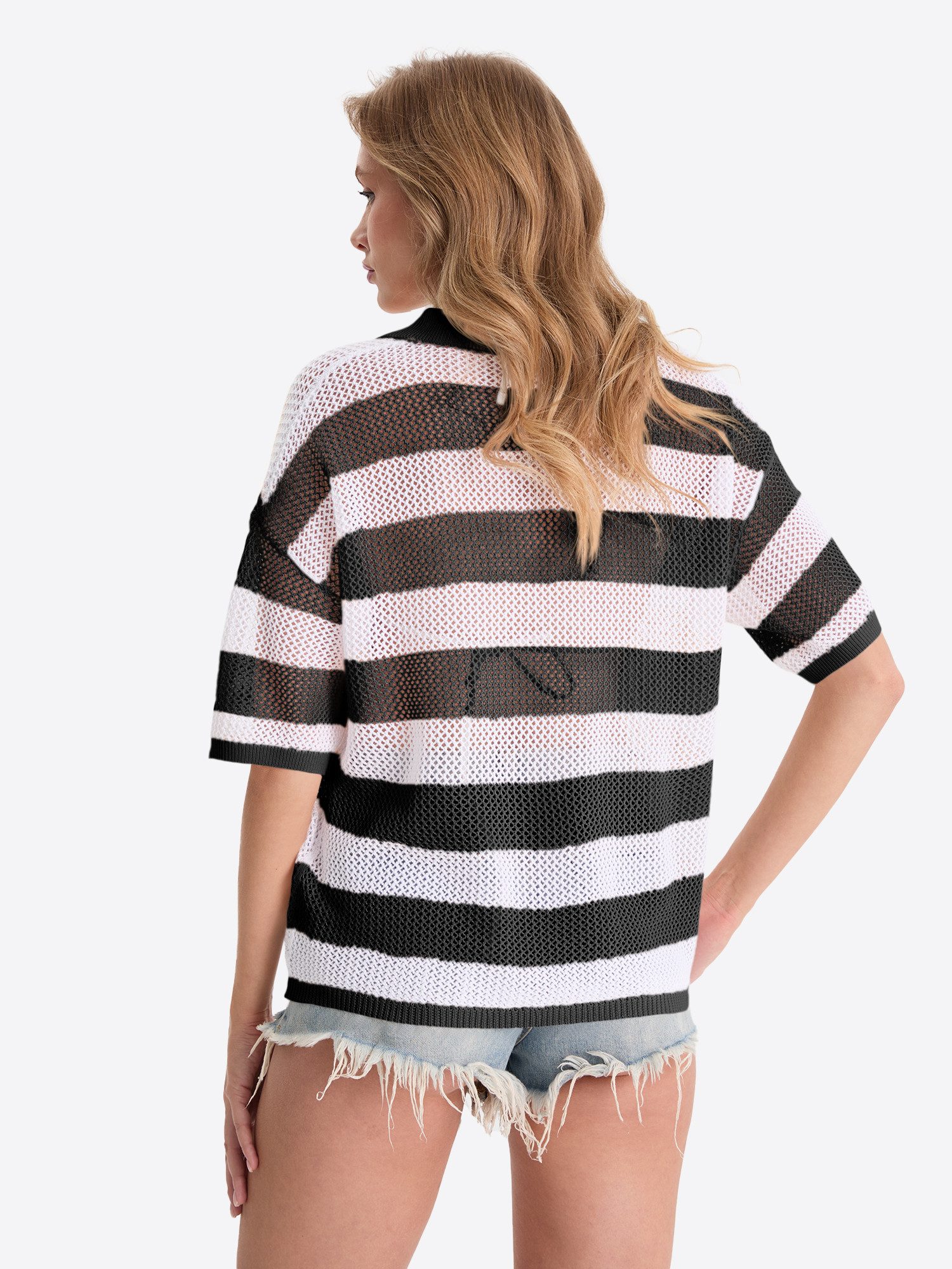 Imily Bela Strickjacke Damen Gestreifter Kurzarm Strickcardigan (Packung, 1-tlg., 1per-Pack) Reverskragen