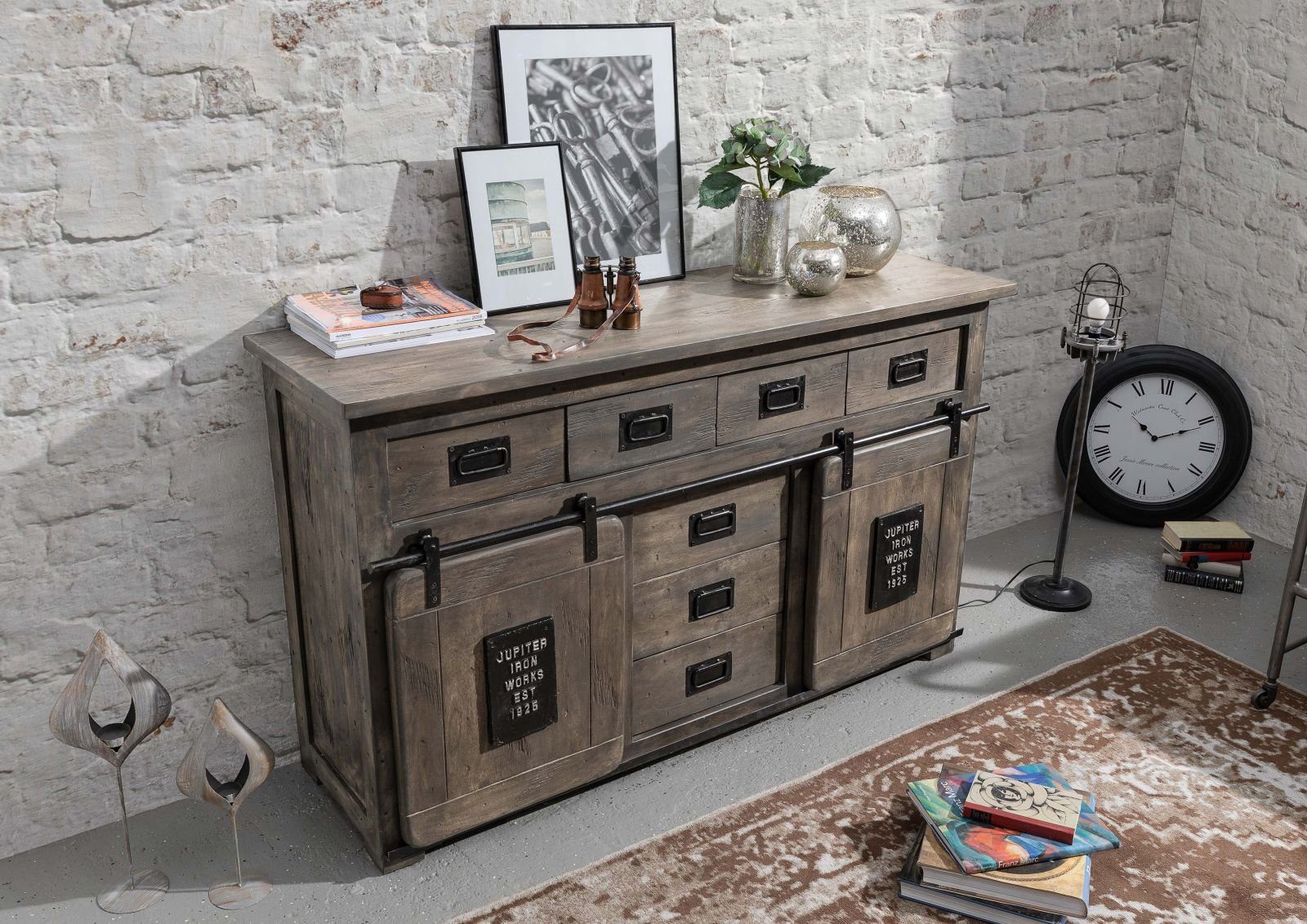 Massivmoebel24 Sideboard (Massivholz), Mango 150x45x90 grau lackiert RAILWA günstig online kaufen