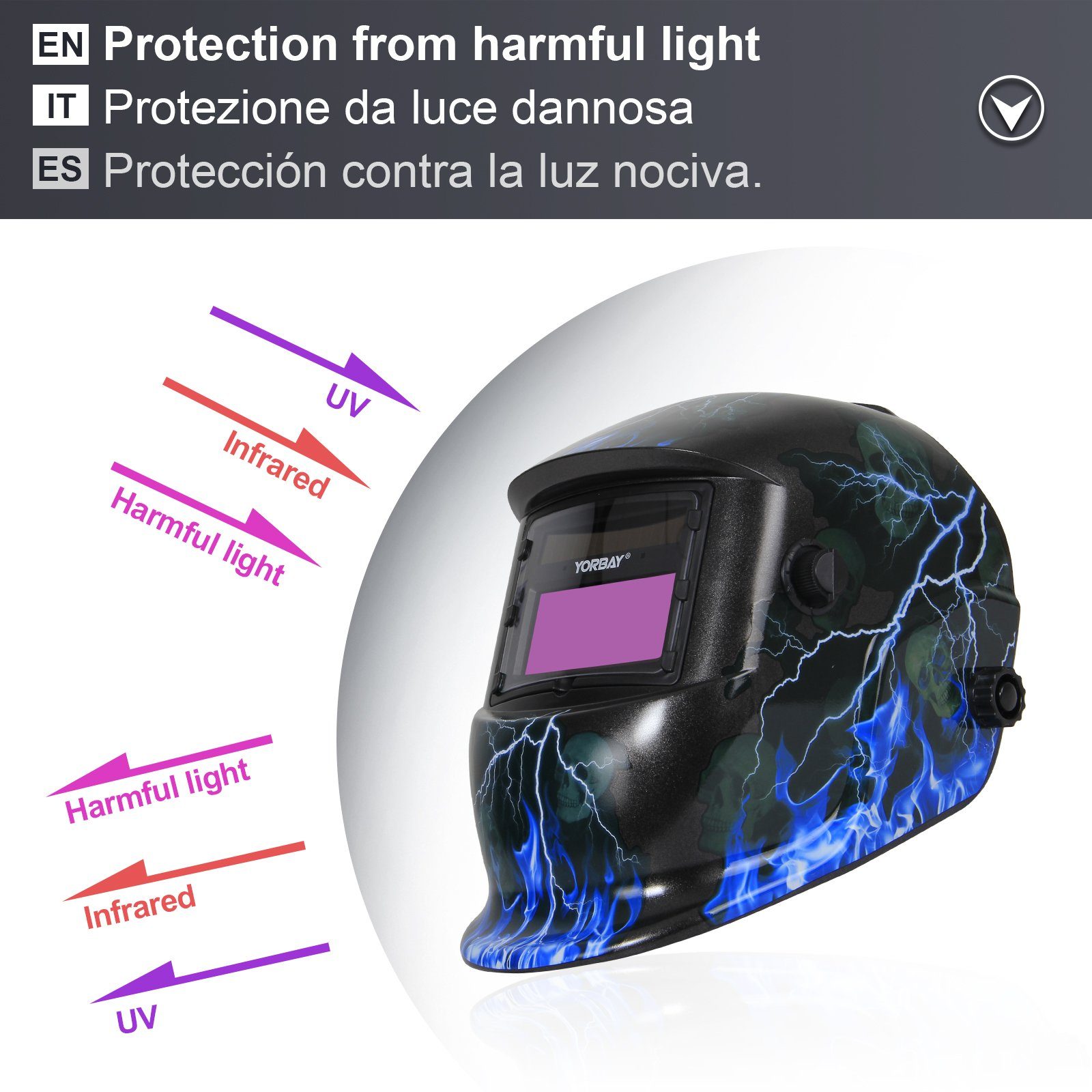 für mit Schweißhelm Automatisch verdunkelnd Solar Solar Skull, Schweißmaske Lightning MIG/MAG/TIG/Schleifen/Lichtbogenschweißen/ Schleif-Funktion), (mit Ersatzgläser, 5 Schweißhelm Yorbay Stück