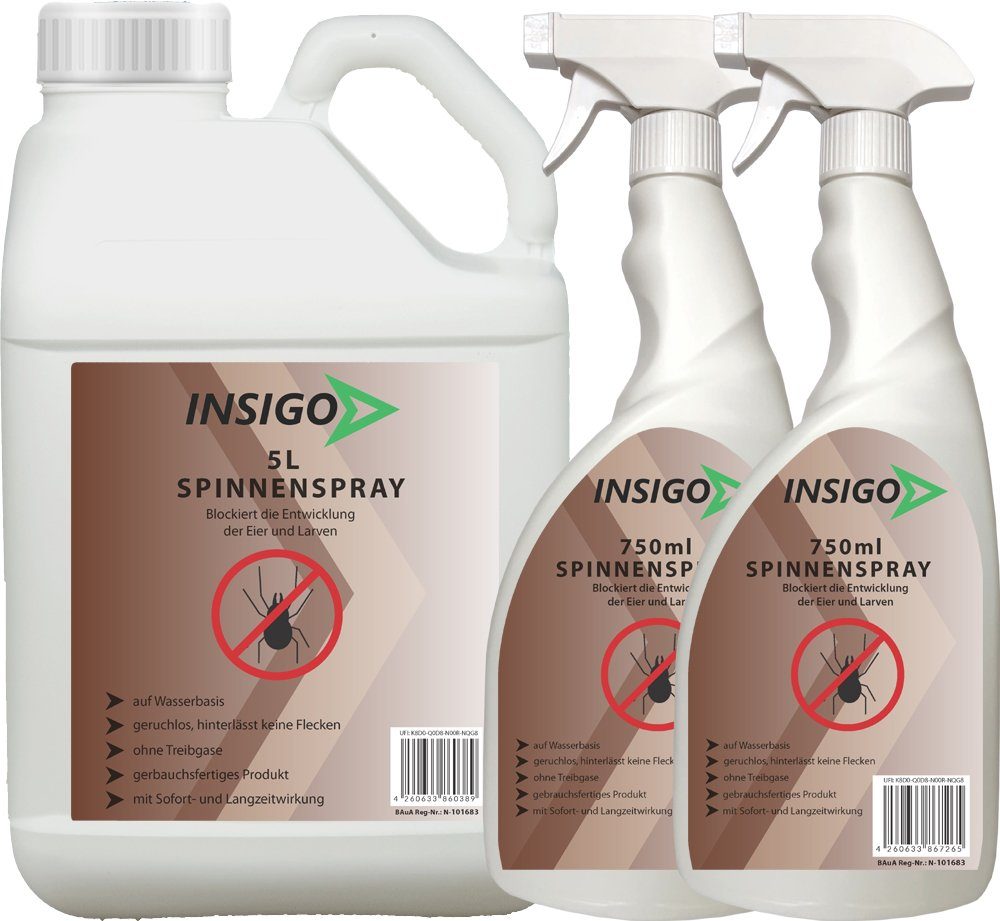INSIGO Insektenspray Spinnen-Spray Hochwirksam gegen Spinnen, 6.5 l, auf Wasserbasis, geruchsarm, brennt / ätzt nicht, mit Langzeitwirkung