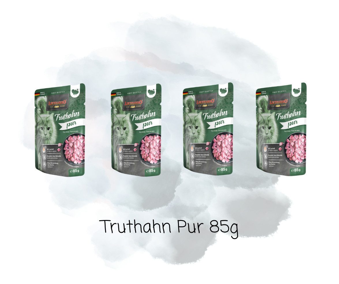 Leonardo Catfood Leonardo Frischebeutel Bundle - 8x85g verschiedene Sorten im Mixpaket 4x Huhn Pur und 4x Truthahn Pur, Nassfutter für: Katzen