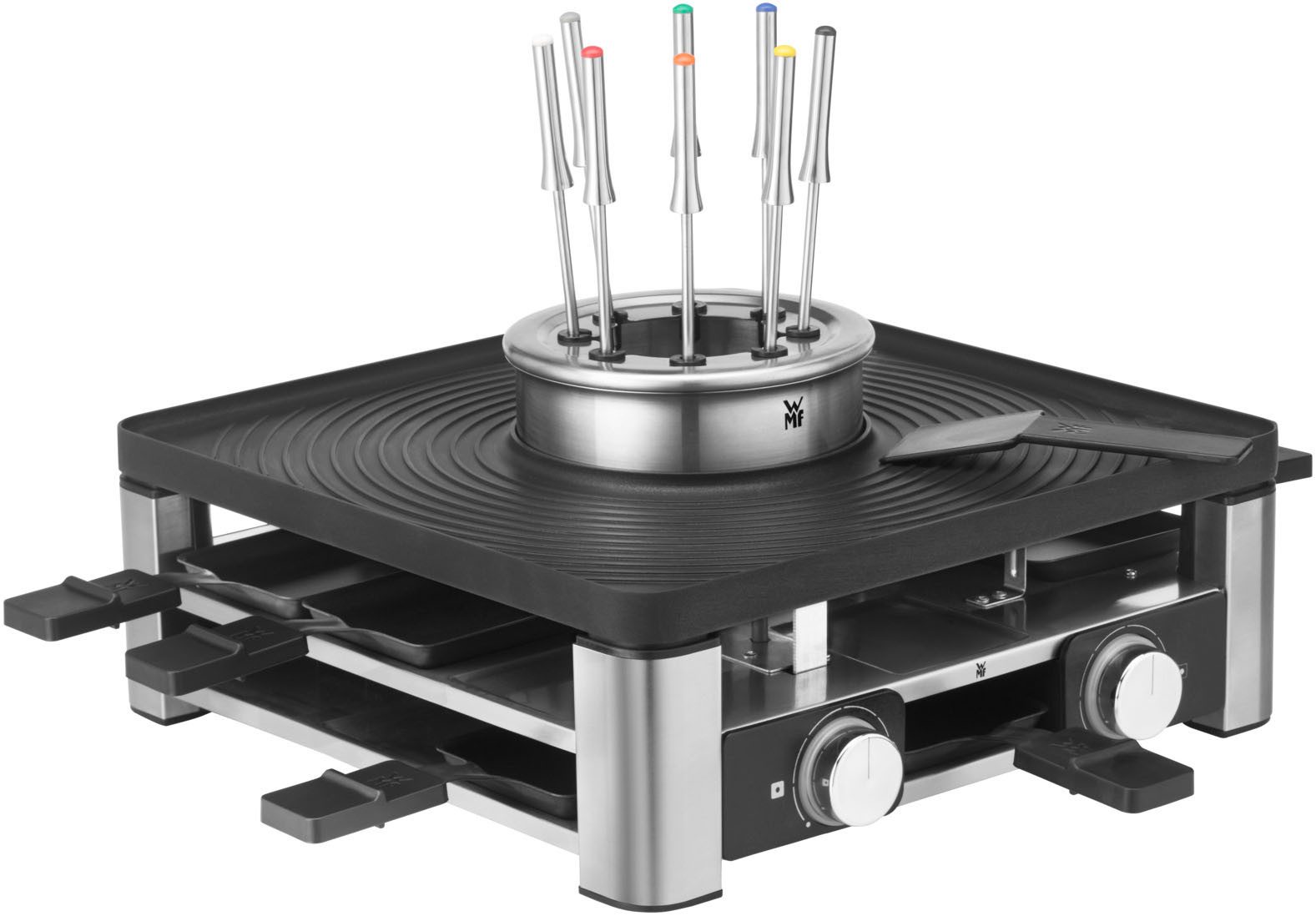 WMF Раклетници Lumero Gourmet Station 3-in-1, Раклетници, Fondue und Indoor-Grill, 8 Раклетнициpfännchen, 1800 W, spülmaschinengeeignete Pfännchen/Platte, Spritzschutz, LED-Beleuchtung
