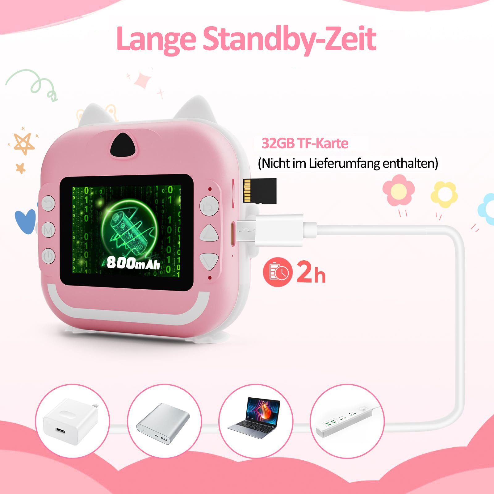 MOPUEA 2,4" Mini Kamera 1080P HD-Druckkamera DigitalKamera Thermodrucker Sofortbildkamera (Bluetooth, inkl. Druckpapier*2, USB-Kabel *1, Tragbares Umhängeband*1, Bluetooth-Fotodrucker Mini-Drucker)