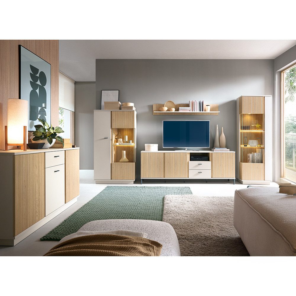 Lomadox Wohnzimmer-Set MOLINA-129, (Mega-Spar-Set, 5-St., Highboard Kommode Lowboard Vitrine Wandregal), Wohnzimmermöbel in Eiche & kaschmir mit Softclose & LED-Beleuchtung