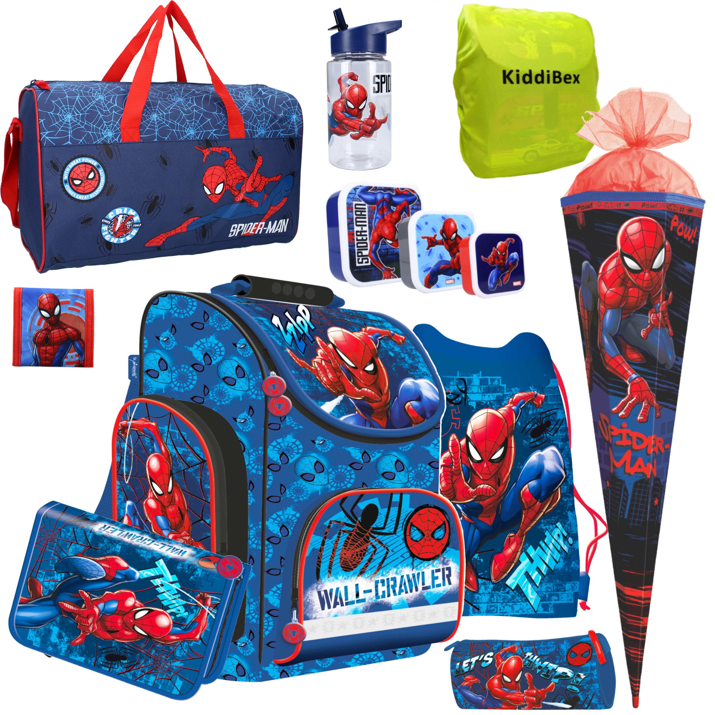 KiddiBex Schulranzen Spiderman (Set, 4-tlg., Tornister, Mäppchen, Turnbeutel & Regenschutz), Jungen 1. Klasse - Grundschule Ranzen - Ergonomischer Schulrucksack