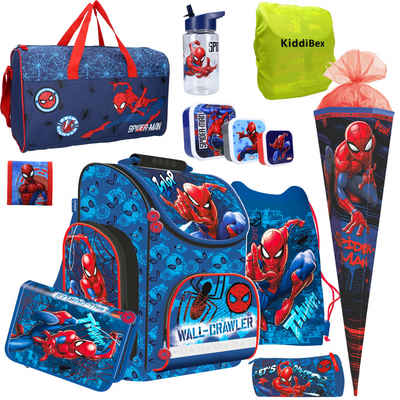 KiddiBex Ранці Spiderman (Set, 4-tlg., Tornister, Mäppchen, Turnbeutel & Regenschutz), Jungen 1. Klasse - Grundschule Ranzen - Ergonomischer Schulrucksack