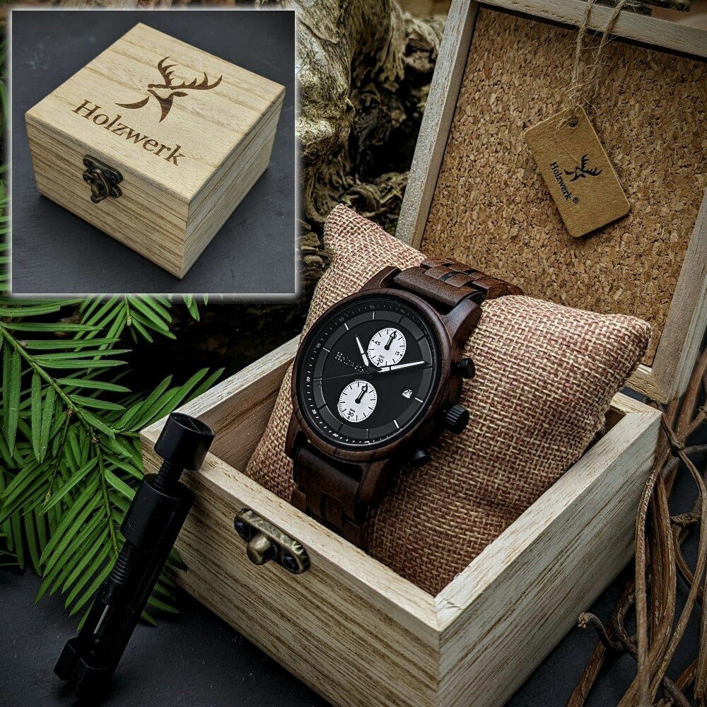 Holzwerk Chronograph Herren Holz Armband Uhr mit Datum, (Inklusive Armbandkürzer), Holz Unikate, ideal auch als Geschenk, Quarzwerk