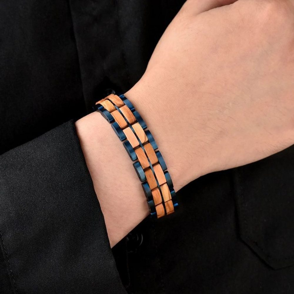 Holztick Bavaria Gliederarmband Zen, edles Armband aus Olivenholz und blauem Edelstahl