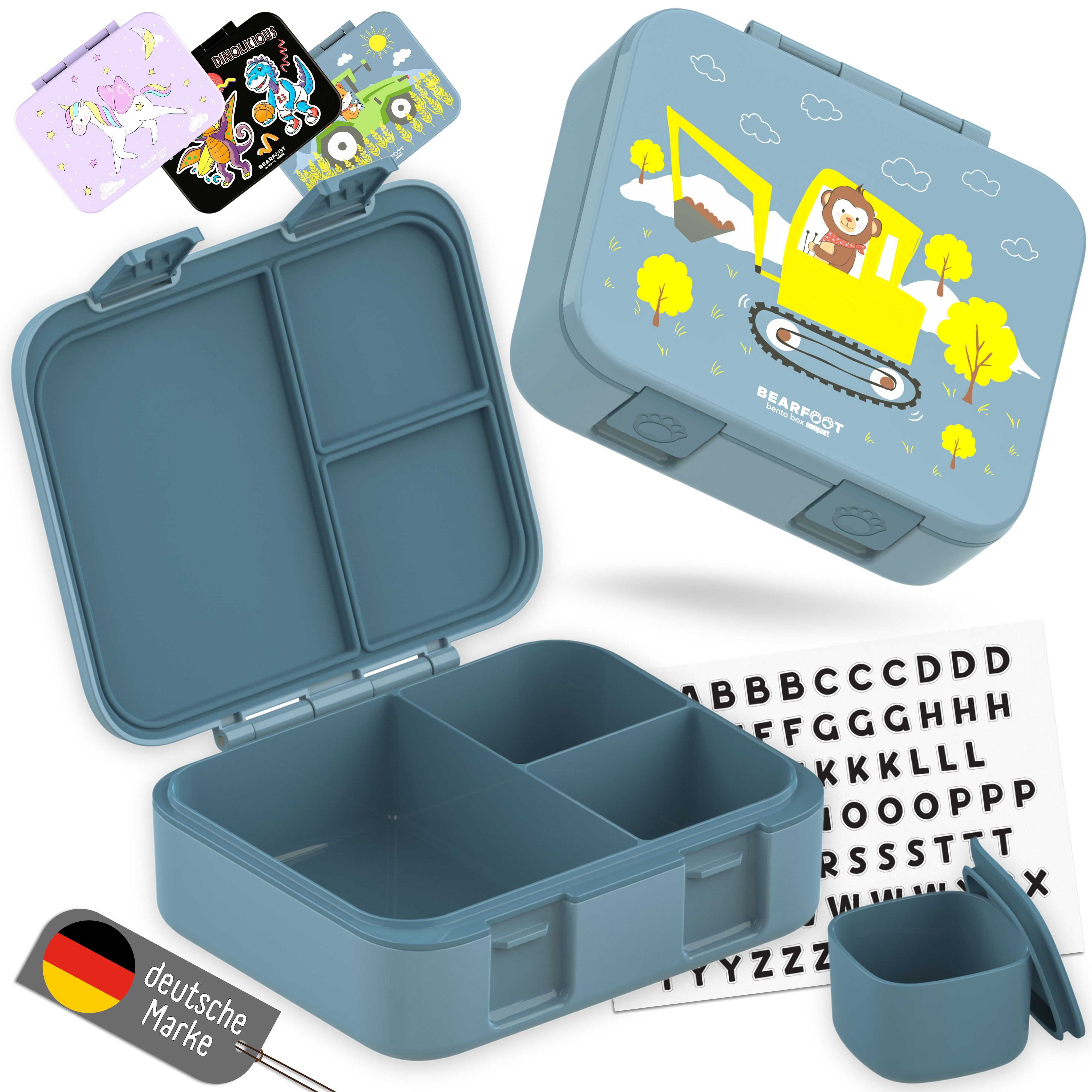 BEARFOOT Lunchbox Brotdose mit Fächern, leicht & auslaufsicher - Bagger blau, PP, ABS, Silikon, Kindergarten und Schule - Mädchen und Jungen, Vesperbox, Snackbox
