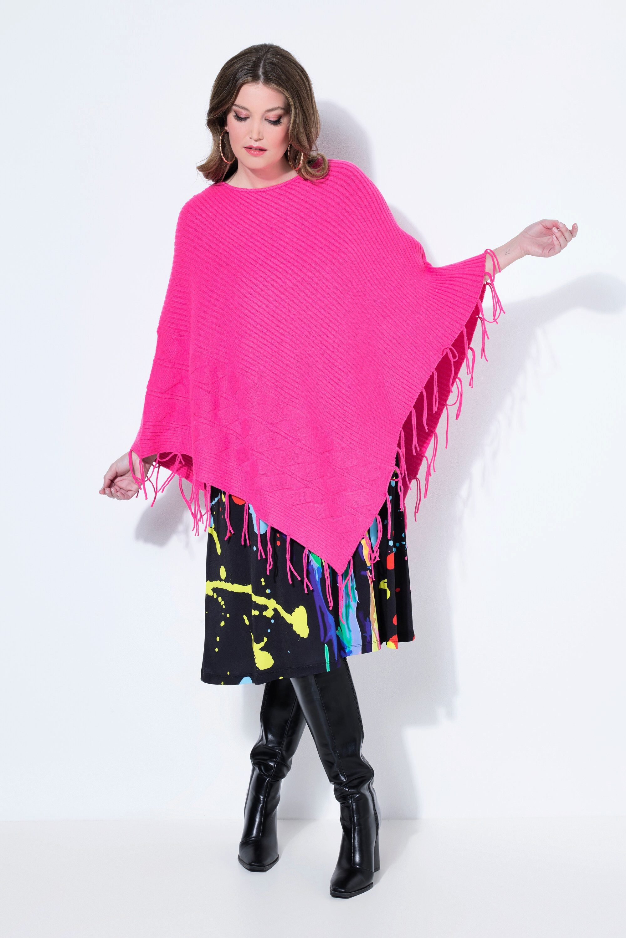 MIAMODA Pullunder Poncho oversized Feinstrick Zopfmuster Fransen günstig online kaufen
