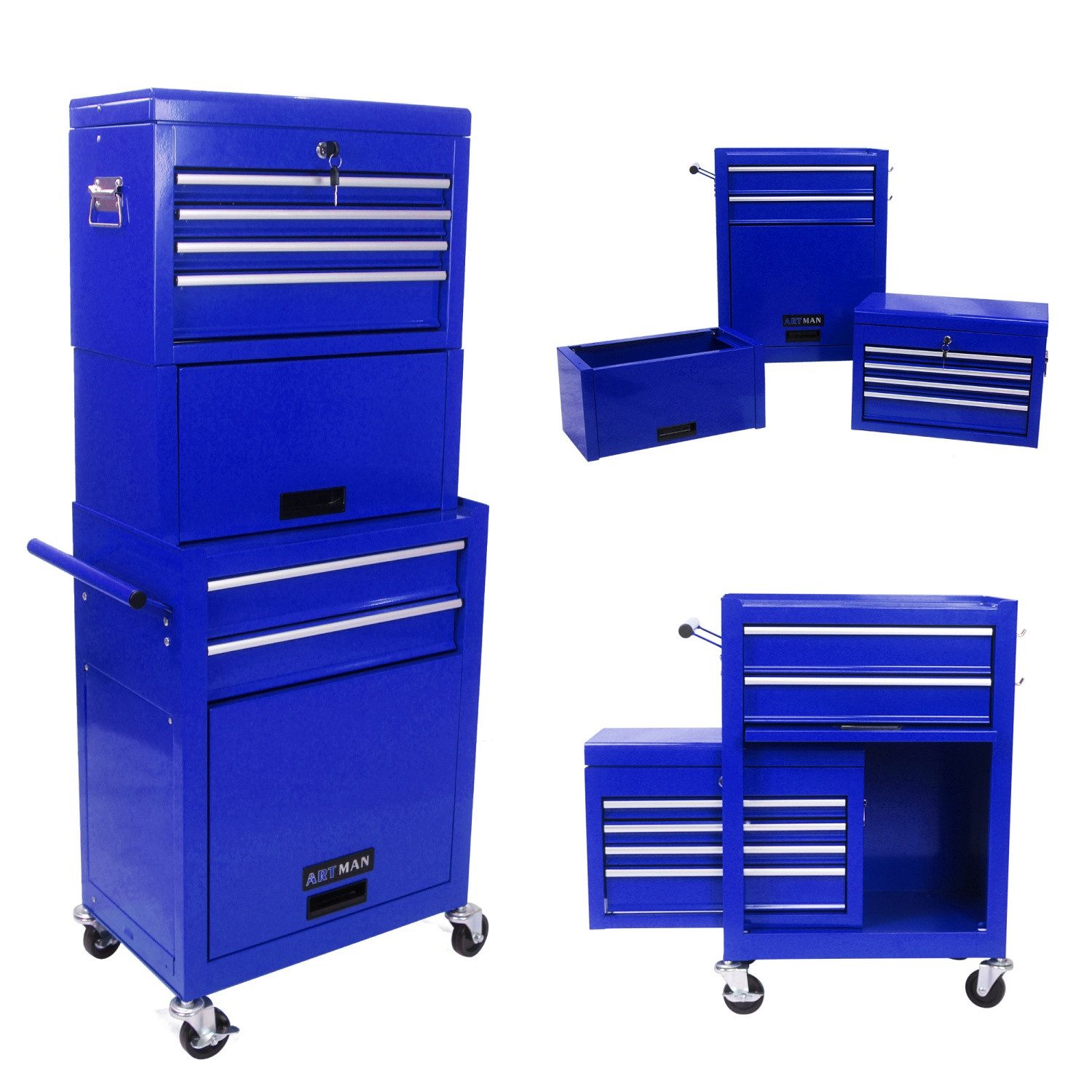 ANYSUN Werkzeugwagen 2 in 1 abnehmbarer Werkzeugkasten,Symbollschrank auf Rädern, Blau, max. Traglast:100 kg, (6-schalbeschaltbare Roll-Werkzeugkiste mit 4 Universalrädern), Werkzeugwagen leer,für Garage Workshop Reparaturwerkstatt
