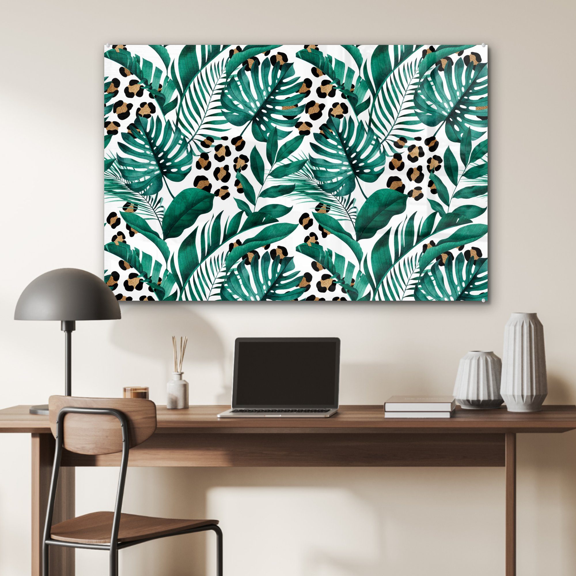 MuchoWow Acrylglasbild Tropical - Pantherdruck & Schlafzimmer Wohnzimmer St), Weiß, (1 Acrylglasbilder 