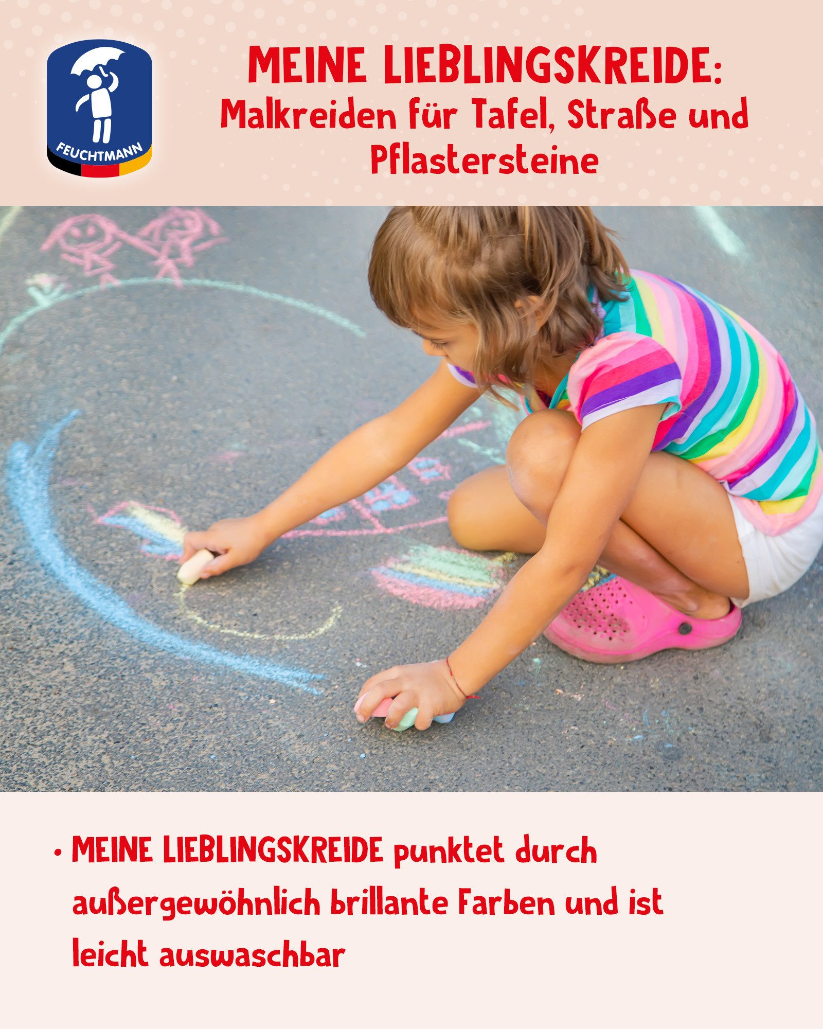Feuchtmann Malkreide MEINE LIEBLINGSKREIDE Basic Mini, (1-tlg), 5 x 24g bunte Kreidestifte für Strasse und Tafel ohne zu verkratzen