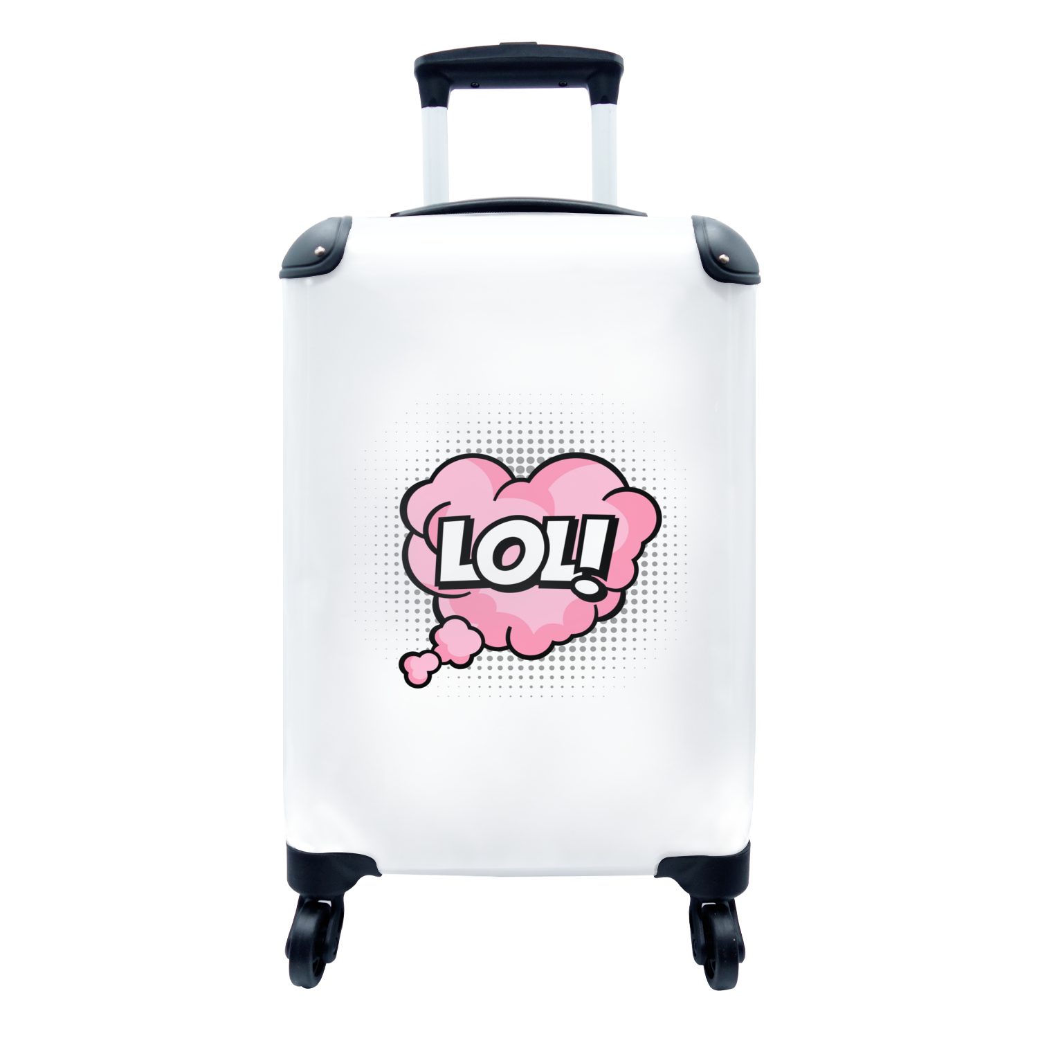 MuchoWow Handgepäckkoffer Cartoon-Zitat mit auf Handgepäck Ferien, rosa 4 Trolley, Reisekoffer Denkwolke, einer Reisetasche "LOL!" Rollen, rollen, für