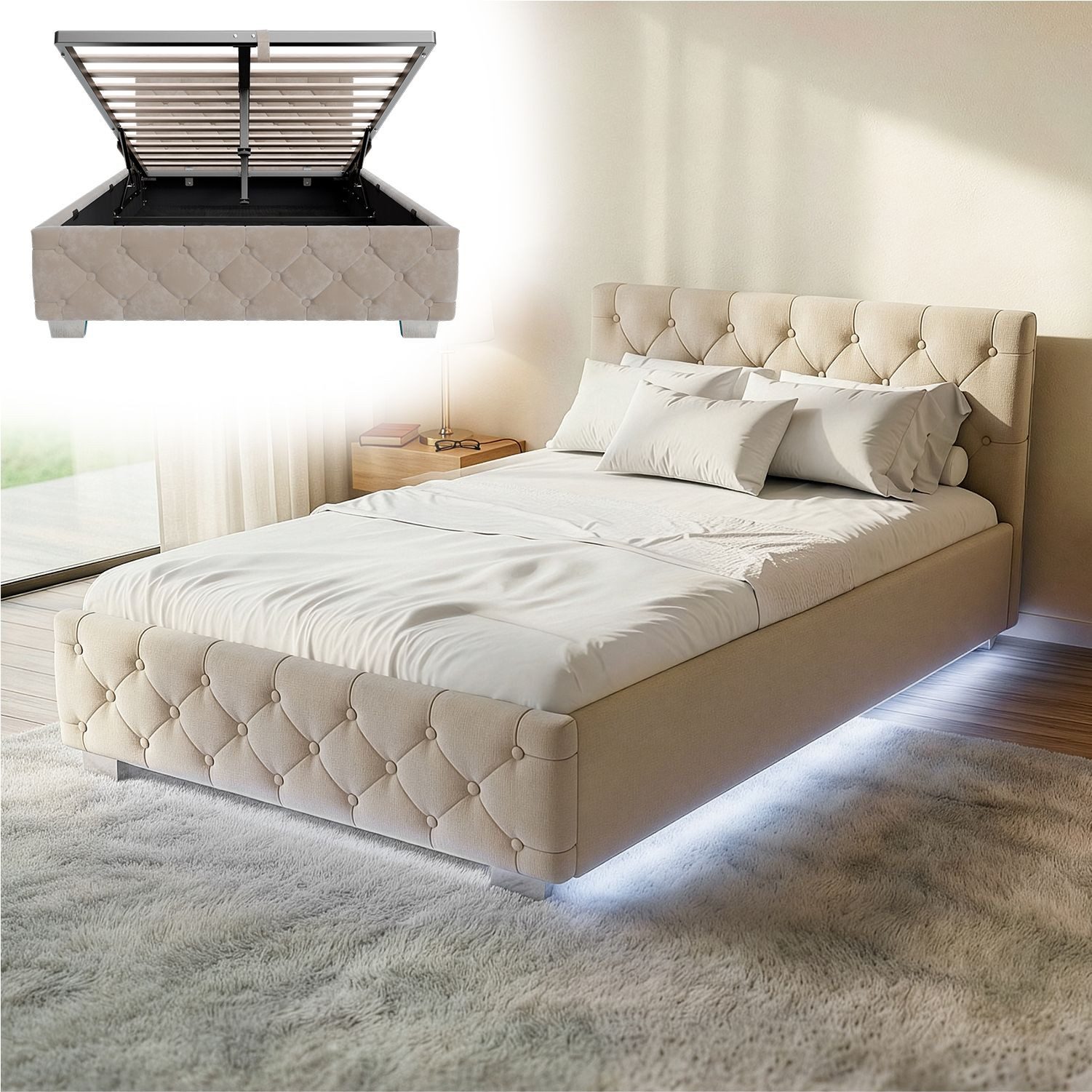 Juskys Polsterbett Nizza, Stauraum, LED Licht, Chesterfield Steppung, Samtbezug
