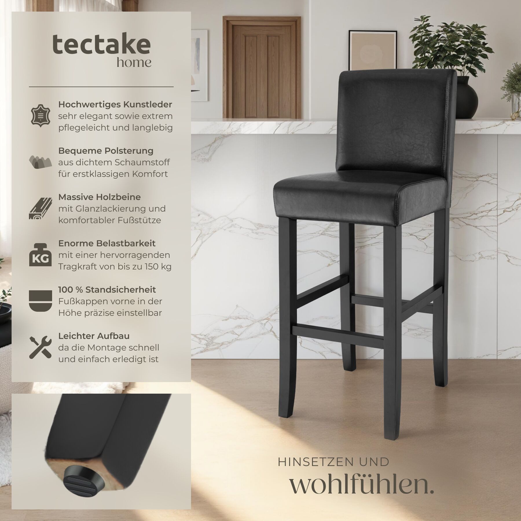 tectake Barhocker Barstuhl aus Kunstleder, gepolstert mit Rückenlehne, Stuhlbeine aus Massivholz, Sitzhöhe 76 cm