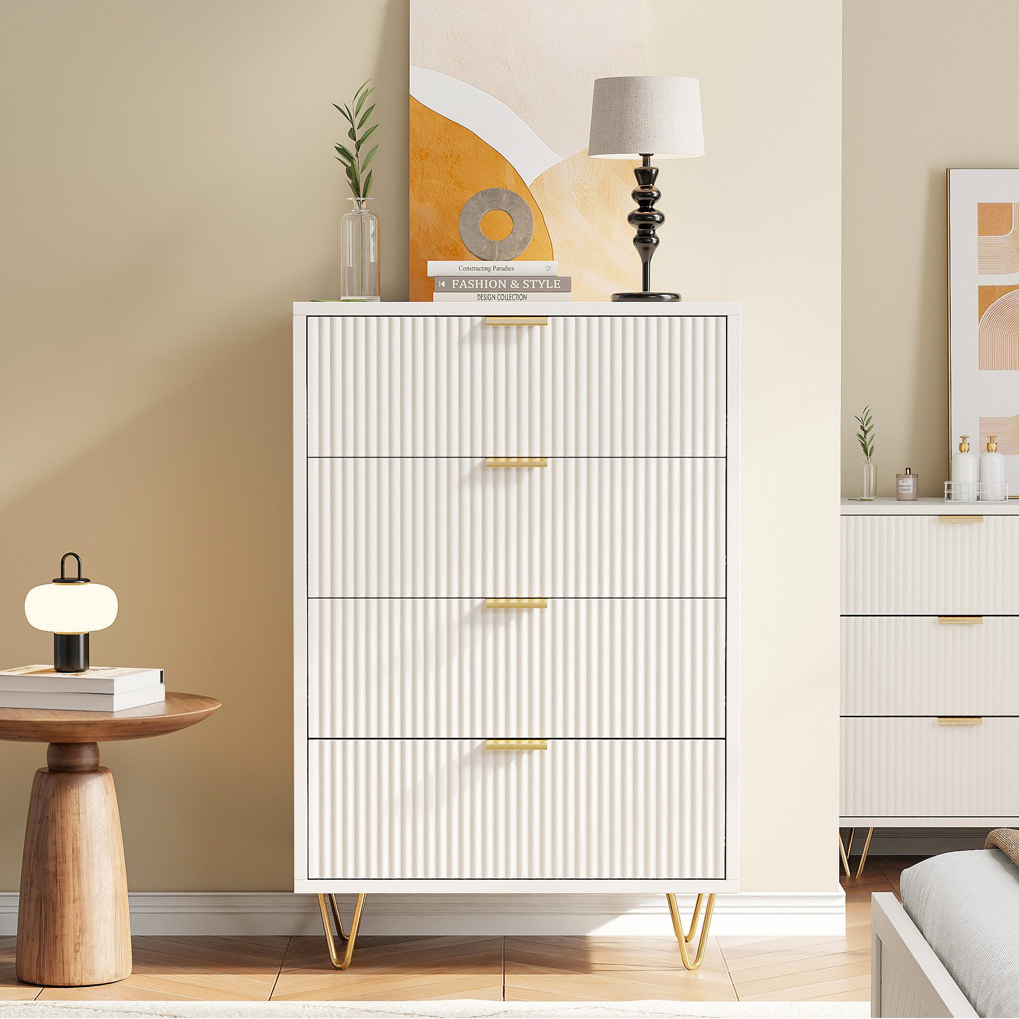 FUROKOY Kommode (Weiß Sideboard Schrank Highboard mit 4 Schubladen und Metallbeinen), Schmal kommode für Schlafzimmer, Wohnzimmer, Flur, 60 x 34 x 91 cm