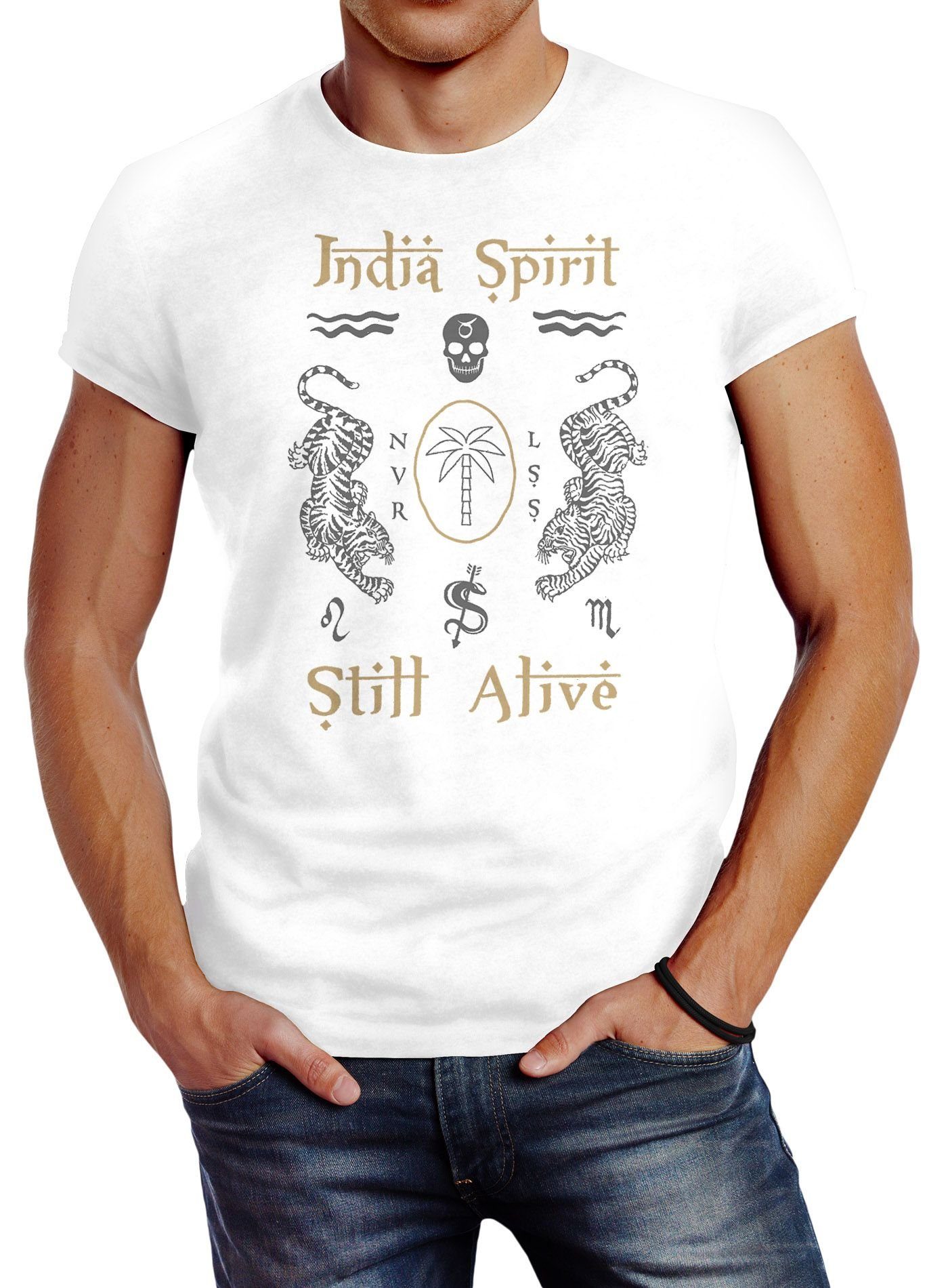 Neverless Print-Shirt Neverless® Herren T-Shirt Tiger Motiv Totenkopf India Spirit Schriftzug Indien Fashion Streetstyle mit Print weiß