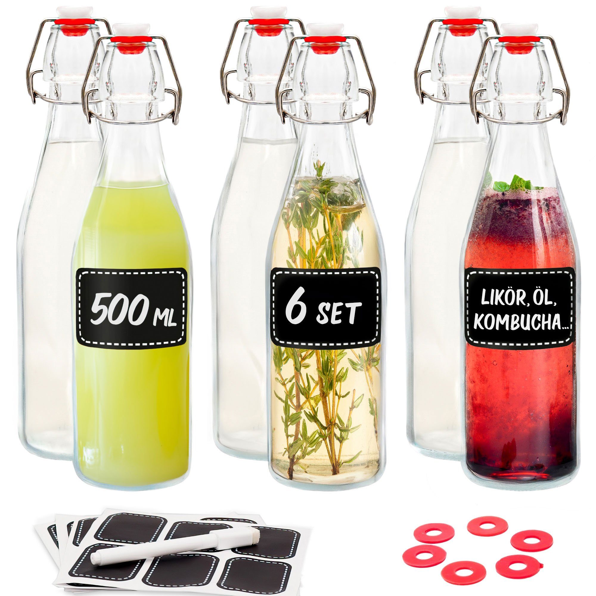 Glasflaschen 6 Extra und 12 Praknu Etiketten Dichtungen Stift 500ml, Trinkflasche Bügelverschluss mit 6 mit