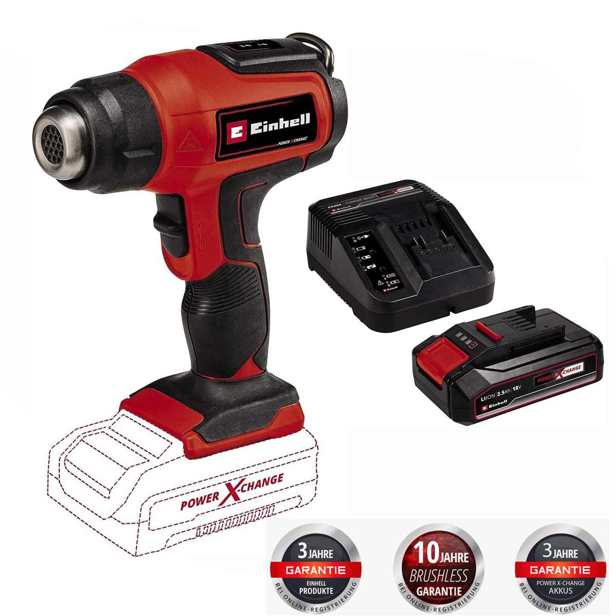 Einhell Akku-Heißluftgebläse Akku-Heißluftpistole TE-HA 18 Li - 18Vmit Akku 2.5 Ah / Ladegerät