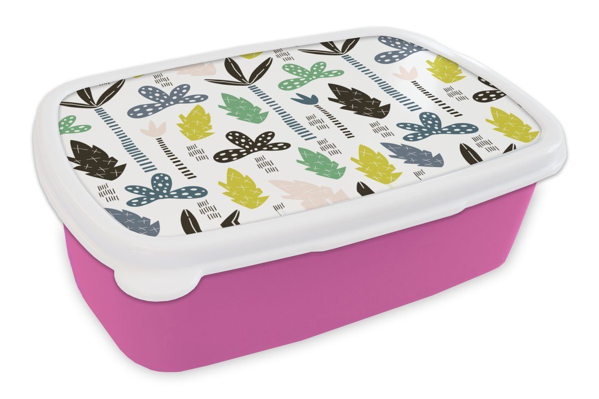 MuchoWow Lunchbox Dschungel - Blatt - Baum - Muster, Kunststoff, (2-tlg), Brotbox für Erwachsene, Brotdose Kinder, Snackbox, Mädchen, Kunststoff rosa