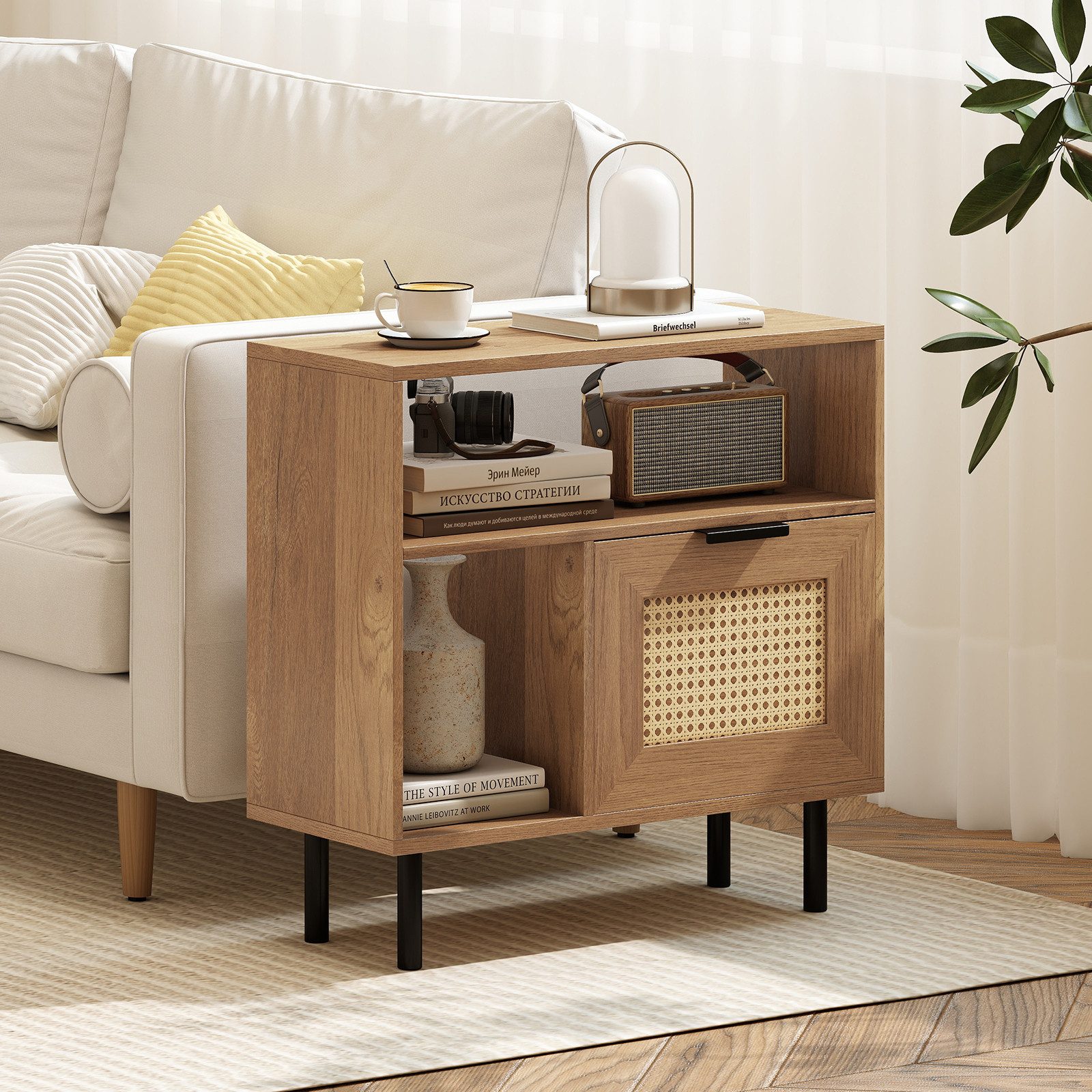 COSTWAY Beistelltisch Rattan Nachttisch mit Ablagefach Sideboard, 25,5x60x59cm – Bild 2 von 5
