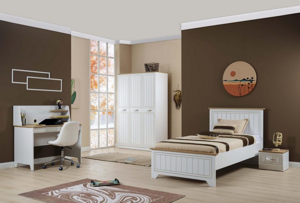 Möbel-Lux Jugendzimmer-Set Mango Lajivert, (Jugendbett, Kleiderschrank,  Schreibtisch, Nachttisch), Landhausstil, 100x200 cm