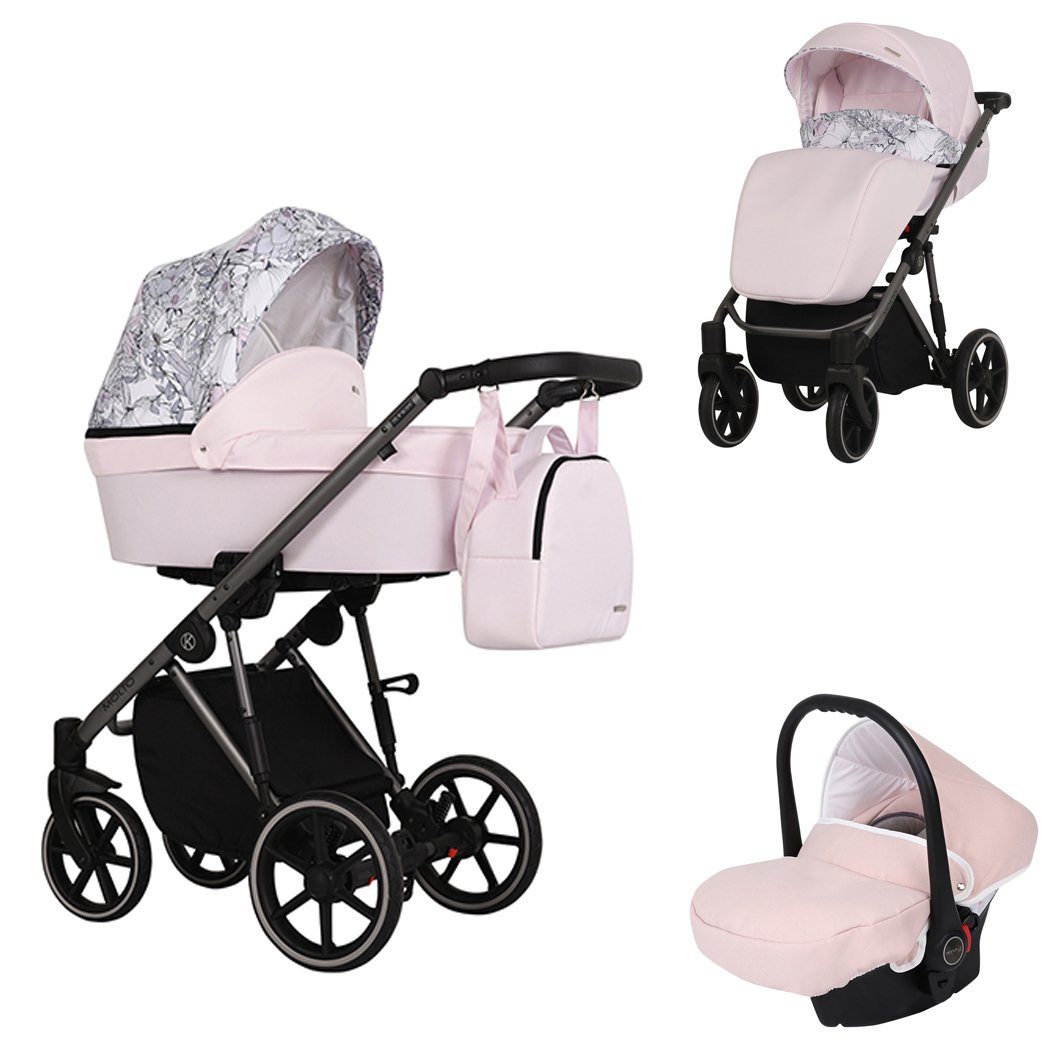 babies-on-wheels Kombi-Kinderwagen Molto 3 in 1 inkl. Autositz - 13 Teile - von Geburt bis 4 Jahre Rosa-Dekor = graues Gestell