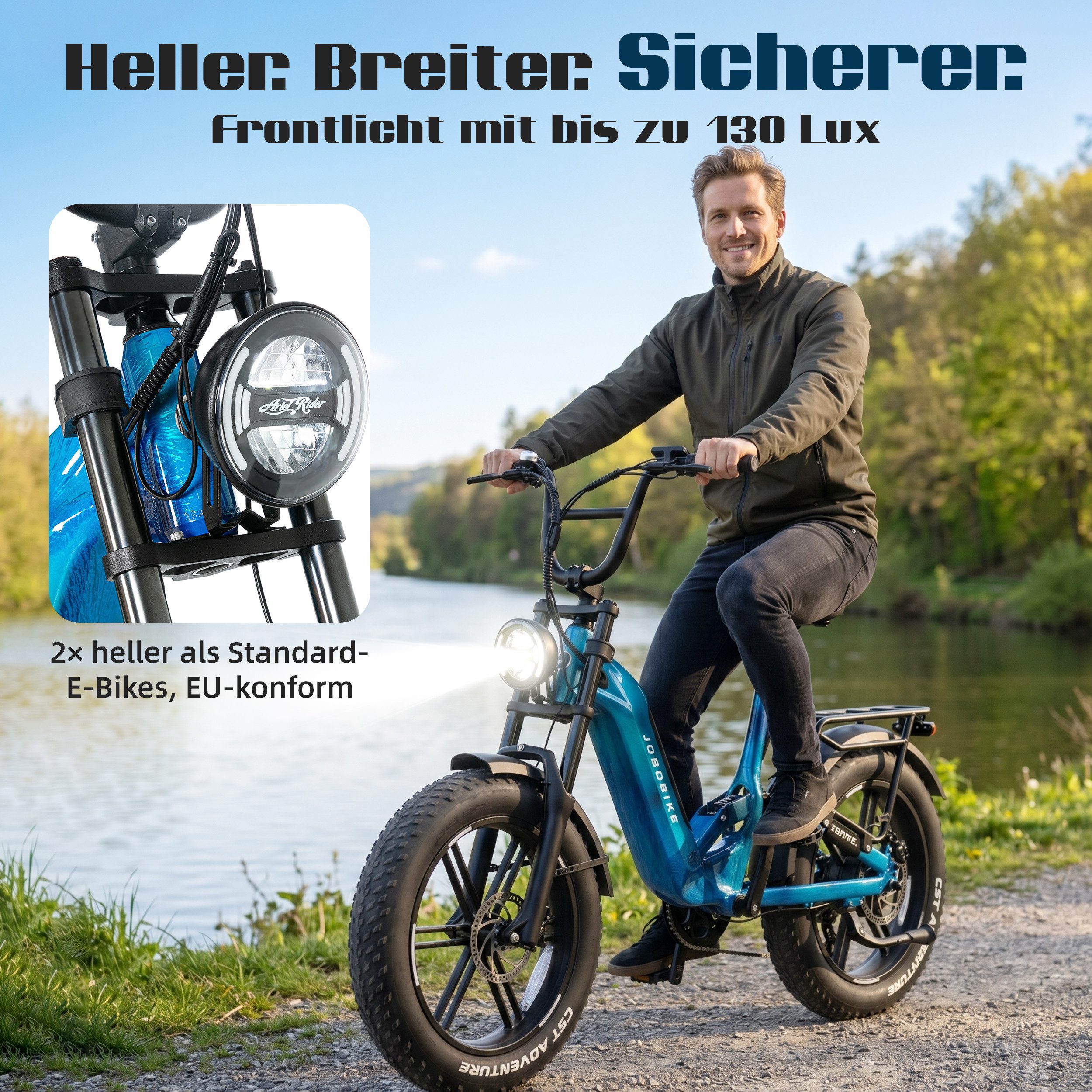 JOBOBIKE E-Bike Mountainbike 20x4,0 Zoll, 720Wh, 150km, Fully, Vollfederung, Lockout-Federgabel, 7 Gang Shimano, Kettenschaltung, Heckmotor, 720 Wh, (Hinterradfederung, LCD-Farbdisplay, integrierte & speichenlose Laufräder), Drehmomentsensor, 130 Lux Frontlicht, Bremslicht, Hydr. Bremsen