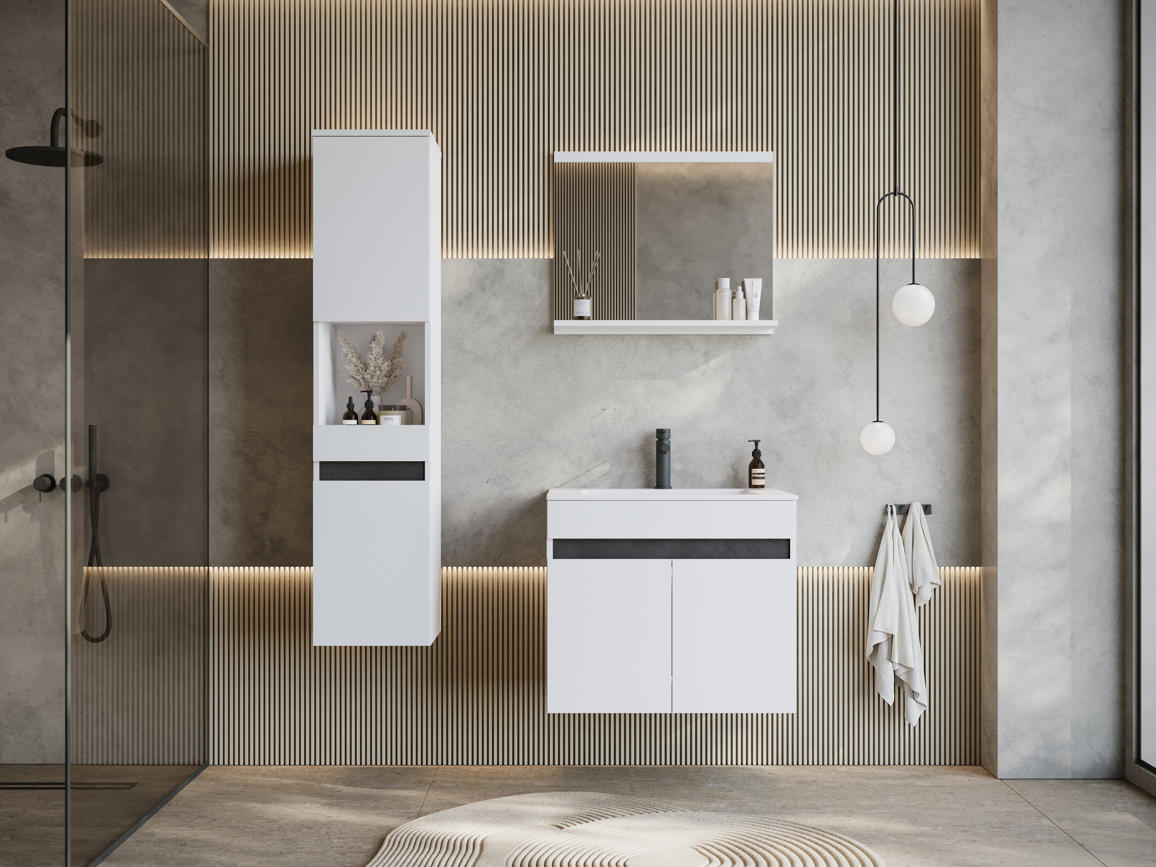 welltime Badmöbel-Set COIN, (Set, 3-St), grifflose Badmöbel-Set, 3 Dekorplatten in verschiedenen Farben