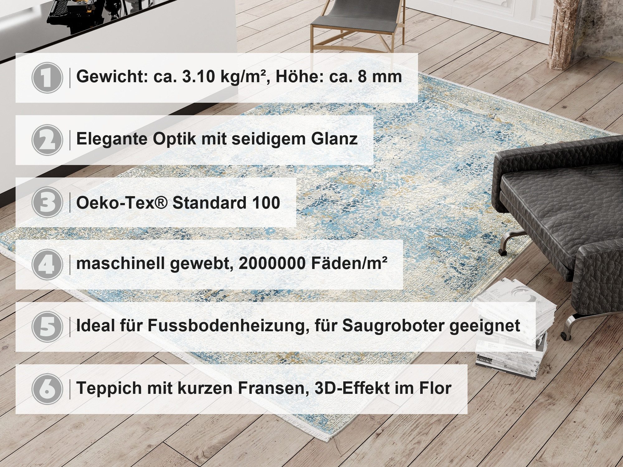 OCI DIE TEPPICHMARKE Teppich BESTELLER CAVA, rechteckig, Höhe: 8 mm, Glanz Viskose, mit Fransen, Hoch Tief Struktur, Vintage, Wohnzimmer