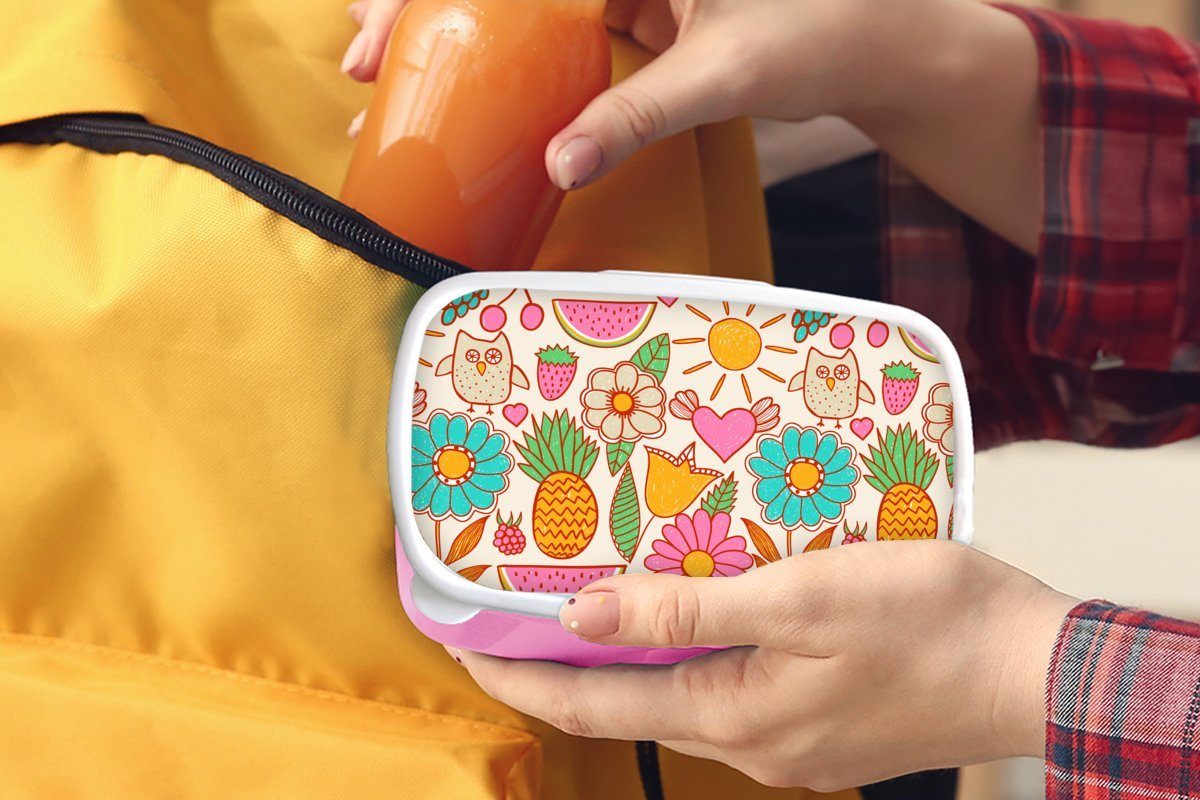 Eule Kunststoff (2-tlg), Lunchbox Muster, Erwachsene, MuchoWow Mädchen, für Kinder, Blumen - - Brotdose - Brotbox Regenbogen - Kunststoff, rosa Snackbox, Kinder