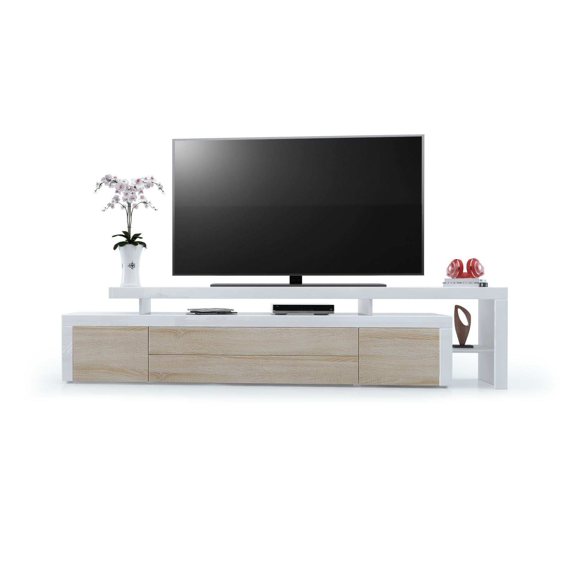 Vladon Lowboard Leon (TV-Kommode, mit zwei Türen, zwei Schubkästen und einem modernen Überbau), Eiche sägerau/Weiß Hochglanz (227 x 52 x 35 cm)